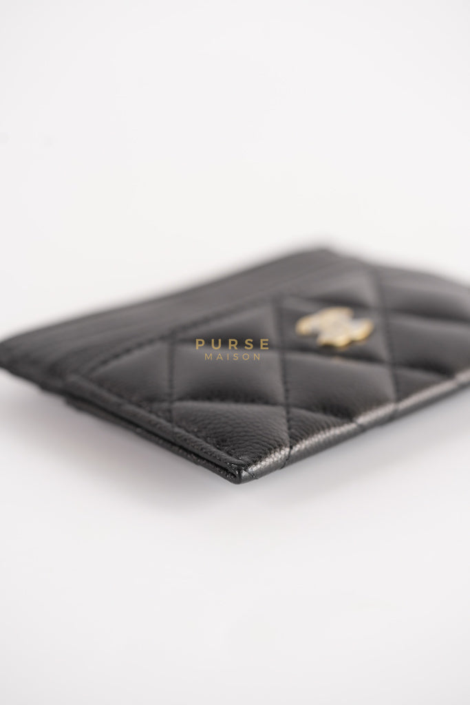 Flat Card Holder in Black Caviar Leather & Light Gold Hardware (Microchip) | Purse Maison Luxury Bags Shop