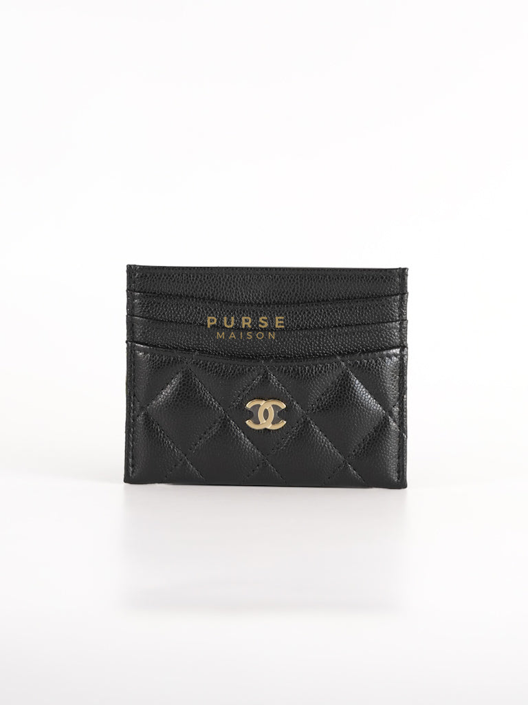 Flat Card Holder in Black Caviar Leather & Light Gold Hardware (Microchip) | Purse Maison Luxury Bags Shop
