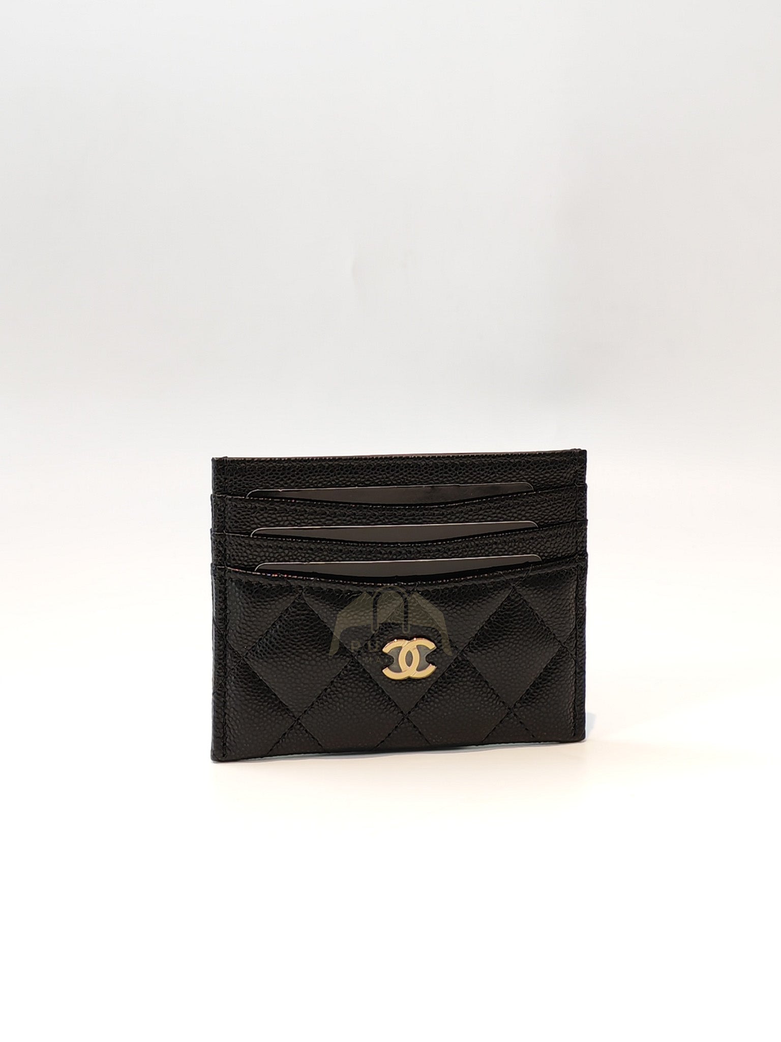 Flat Card Holder(Medium 7 Slots) in Black Caviar Leather & Gold Hardware (Microchip) | Purse Maison Luxury Bags Shop