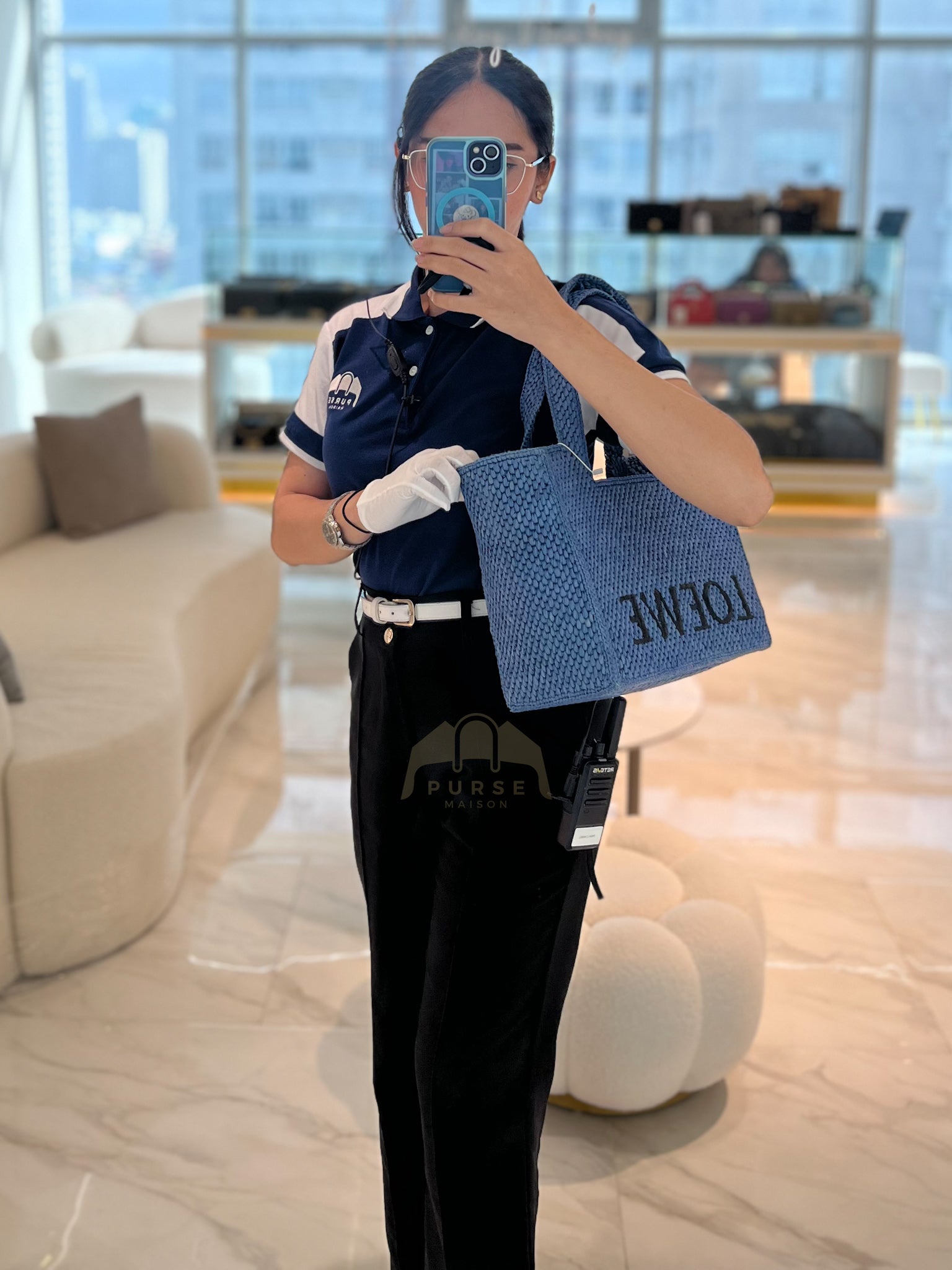 Font Medium Tote Bag in Light Blue Raffia Canvas & Silver Hardware | Purse Maison Luxury Bags Shop