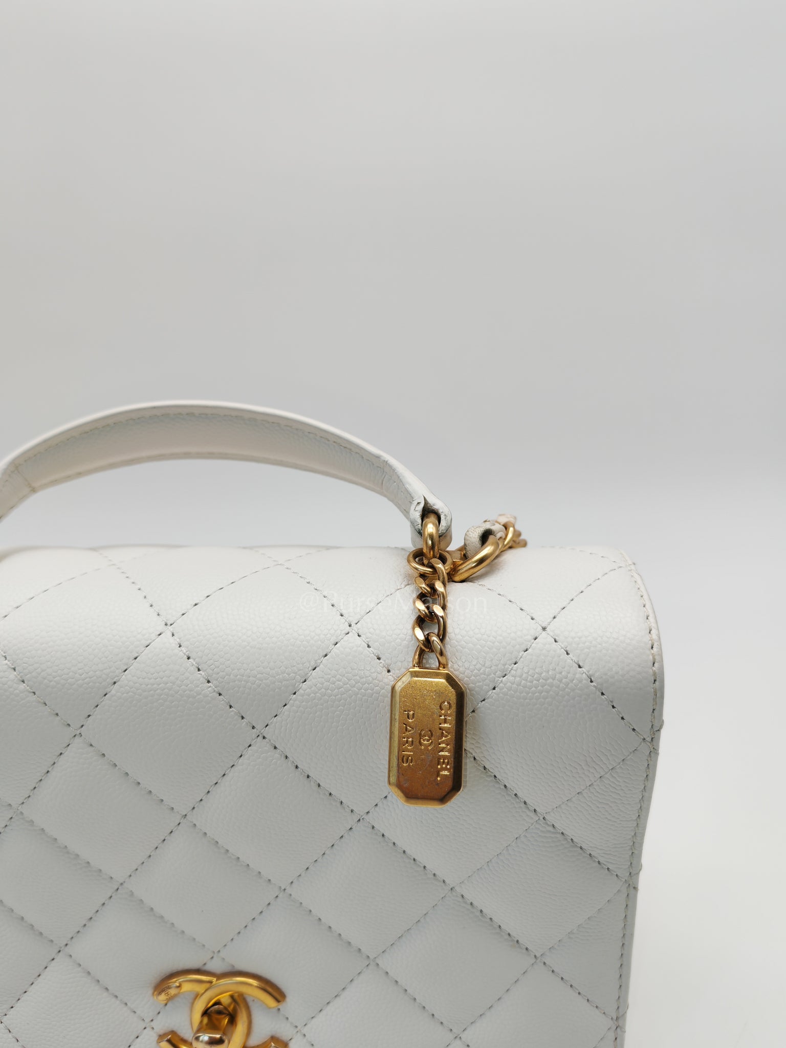 Full Flap Top Handle in White Caviar Calfskin Leather and Aged Gold Hardware (Microchip) | Purse Maison Luxury Bags Shop