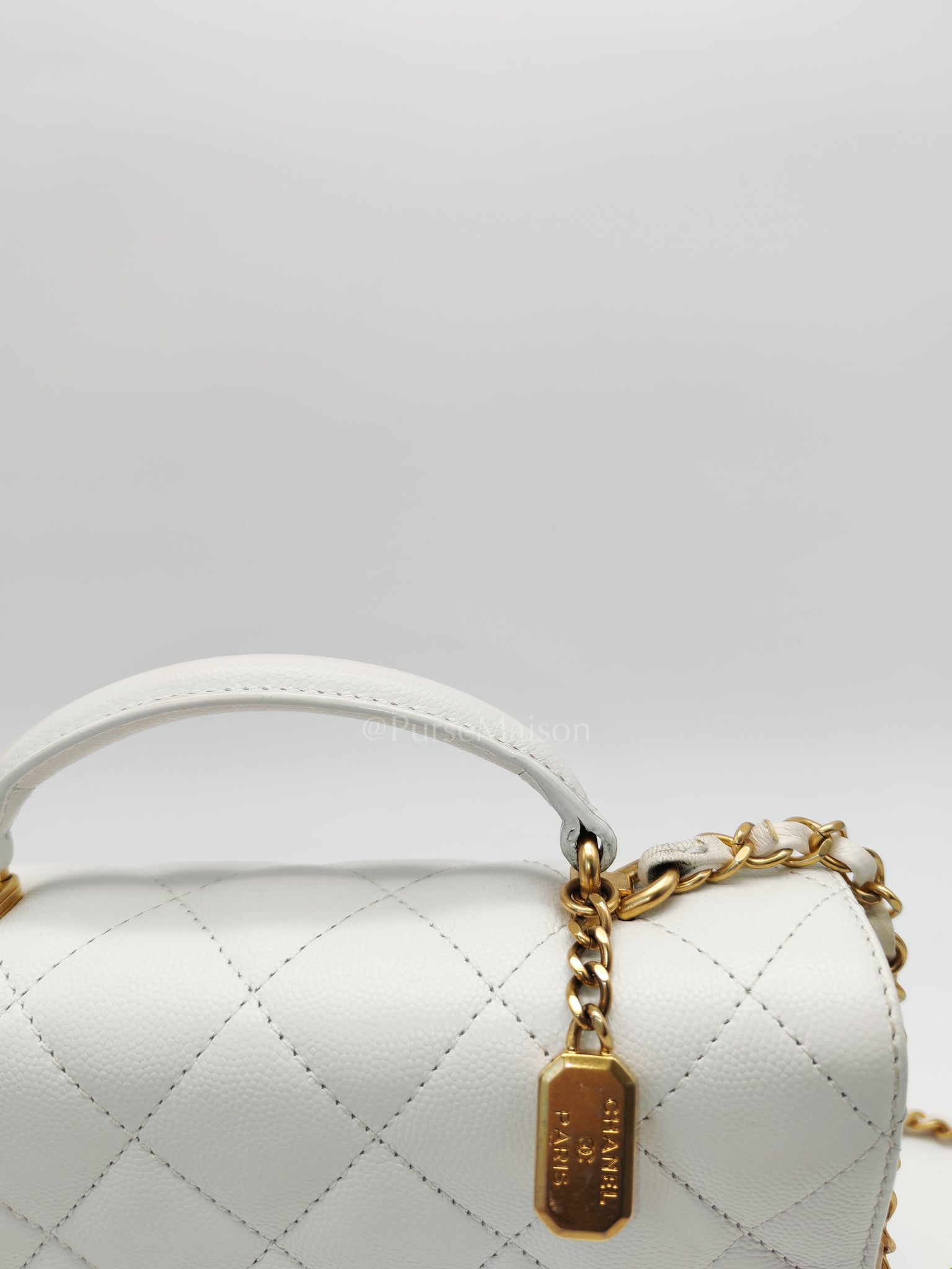Full Flap Top Handle in White Caviar Calfskin Leather and Aged Gold Hardware (Microchip) | Purse Maison Luxury Bags Shop