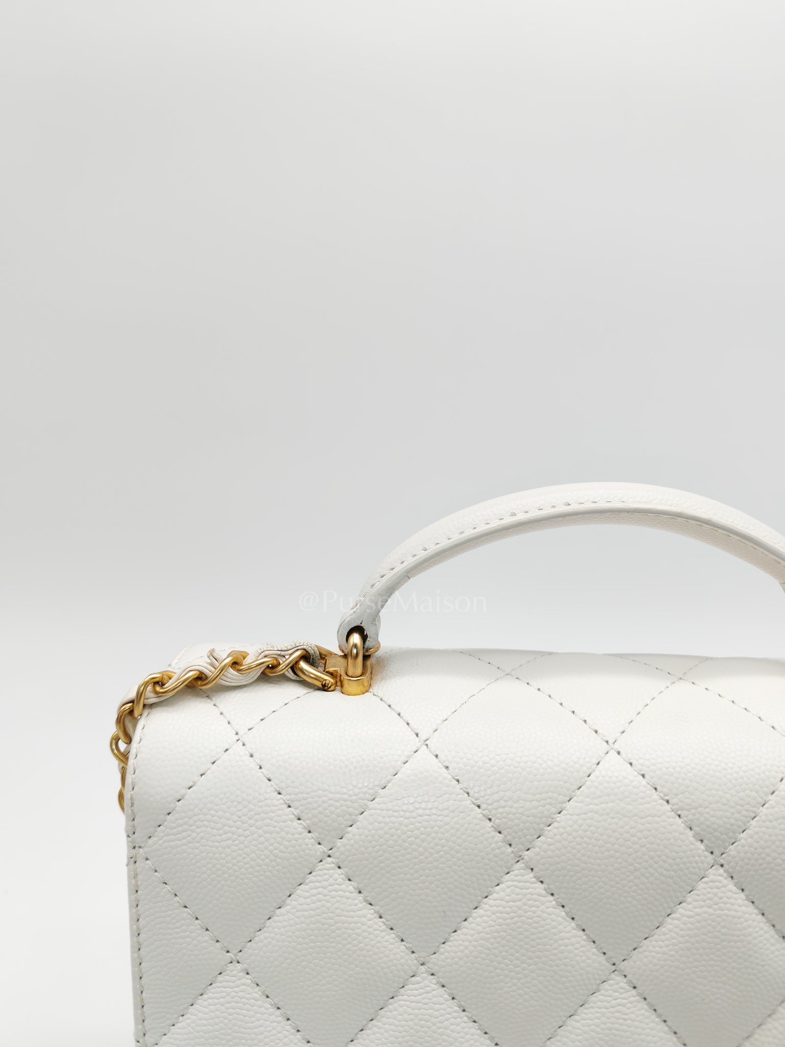 Full Flap Top Handle in White Caviar Calfskin Leather and Aged Gold Hardware (Microchip) | Purse Maison Luxury Bags Shop
