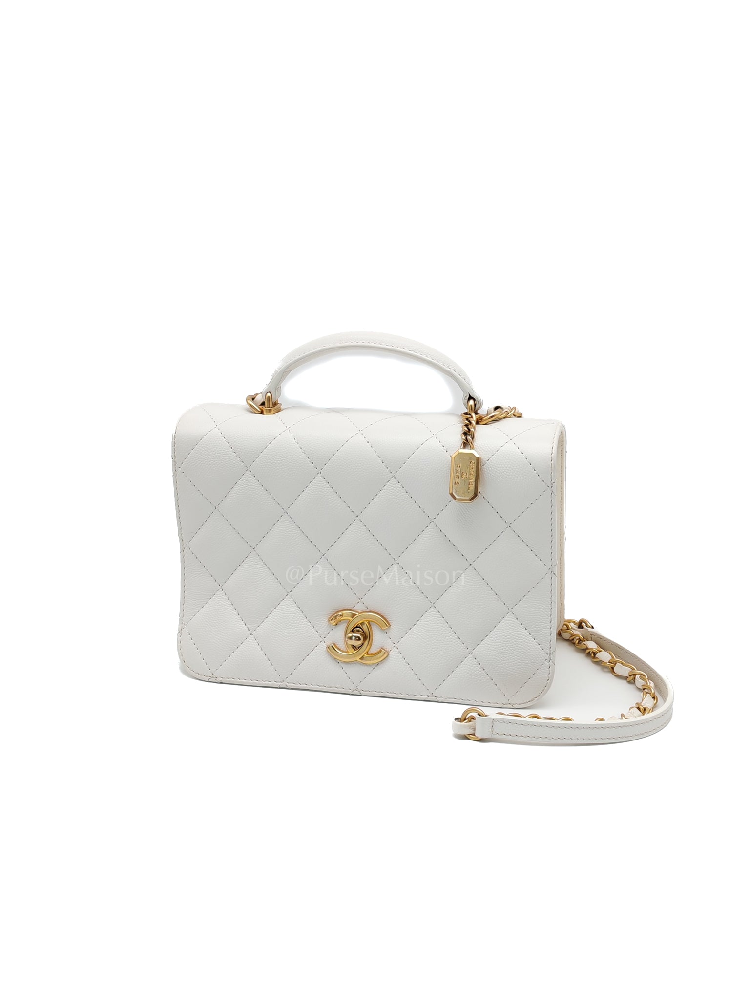 Full Flap Top Handle in White Caviar Calfskin Leather and Aged Gold Hardware (Microchip) | Purse Maison Luxury Bags Shop