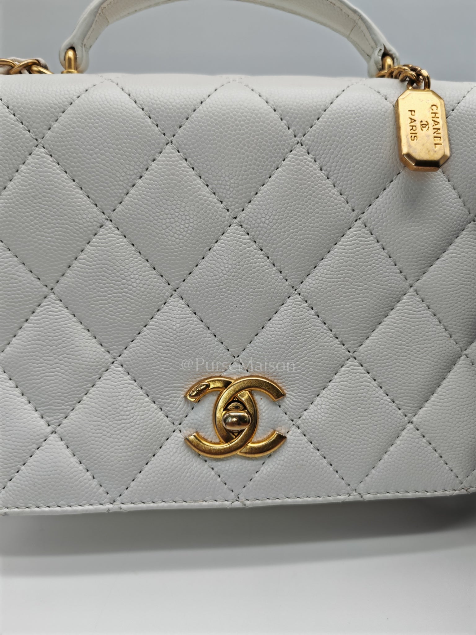 Full Flap Top Handle in White Caviar Calfskin Leather and Aged Gold Hardware (Microchip) | Purse Maison Luxury Bags Shop