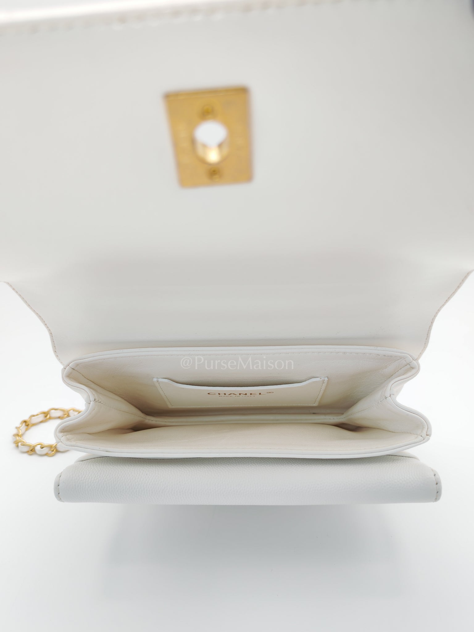 Full Flap Top Handle in White Caviar Calfskin Leather and Aged Gold Hardware (Microchip) | Purse Maison Luxury Bags Shop