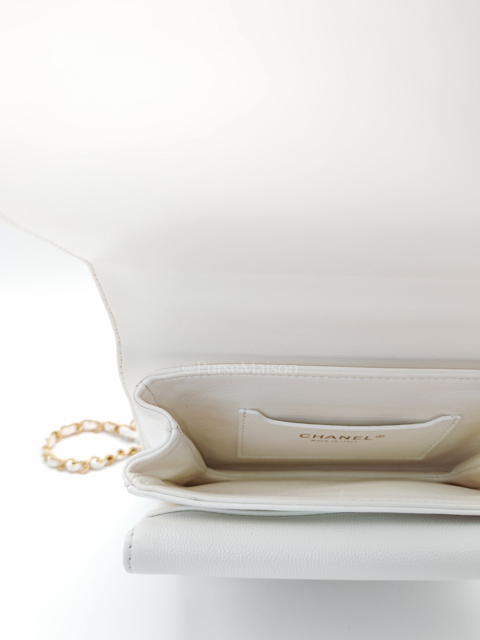 Full Flap Top Handle in White Caviar Calfskin Leather and Aged Gold Hardware (Microchip) | Purse Maison Luxury Bags Shop