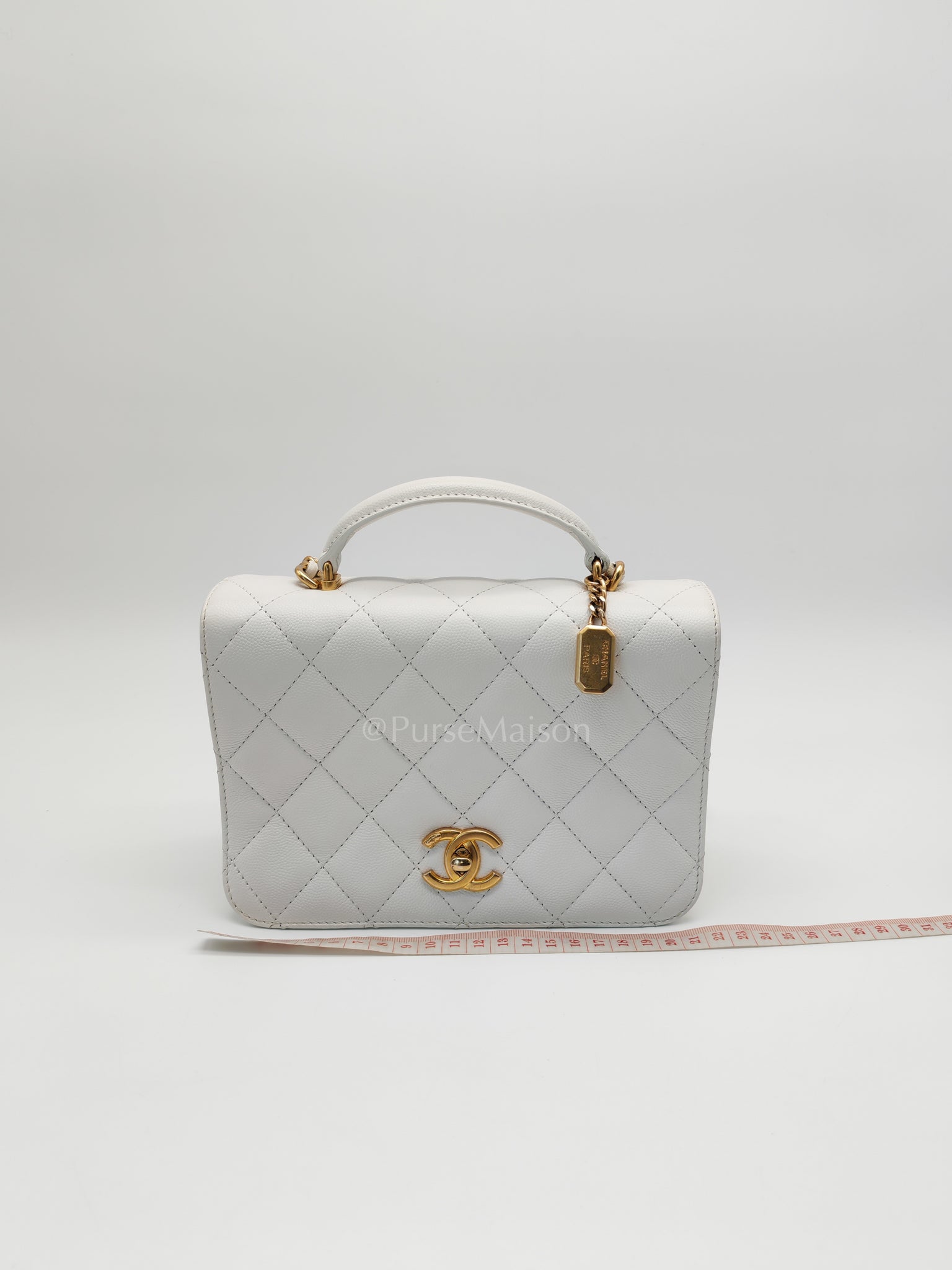 Full Flap Top Handle in White Caviar Calfskin Leather and Aged Gold Hardware (Microchip) | Purse Maison Luxury Bags Shop