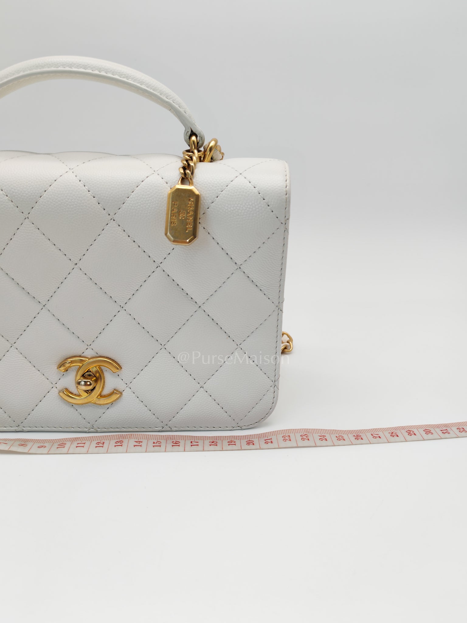 Full Flap Top Handle in White Caviar Calfskin Leather and Aged Gold Hardware (Microchip) | Purse Maison Luxury Bags Shop