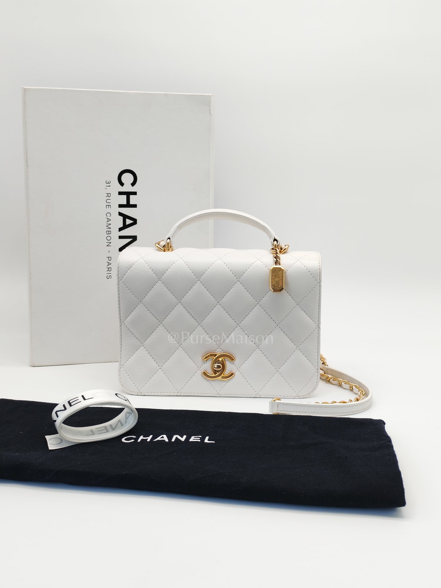 Full Flap Top Handle in White Caviar Calfskin Leather and Aged Gold Hardware (Microchip) | Purse Maison Luxury Bags Shop