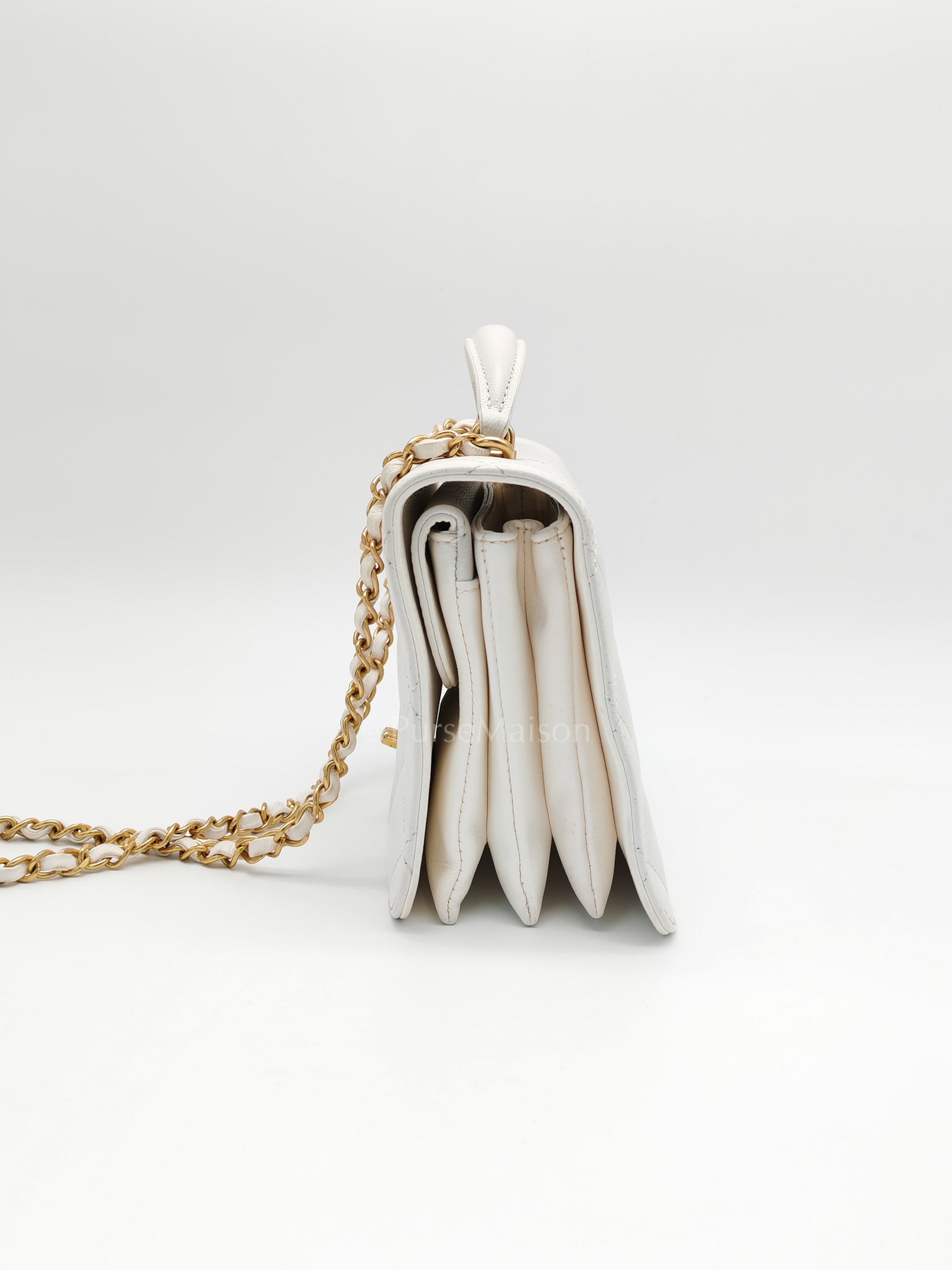 Full Flap Top Handle in White Caviar Calfskin Leather and Aged Gold Hardware (Microchip) | Purse Maison Luxury Bags Shop