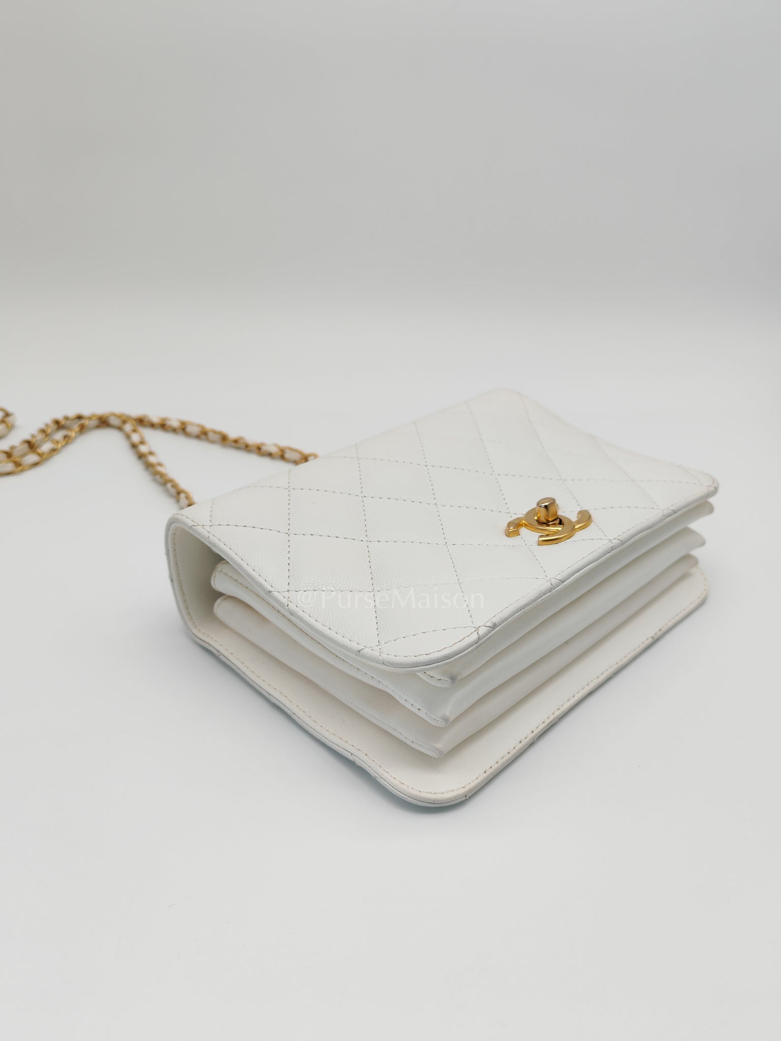 Full Flap Top Handle in White Caviar Calfskin Leather and Aged Gold Hardware (Microchip) | Purse Maison Luxury Bags Shop