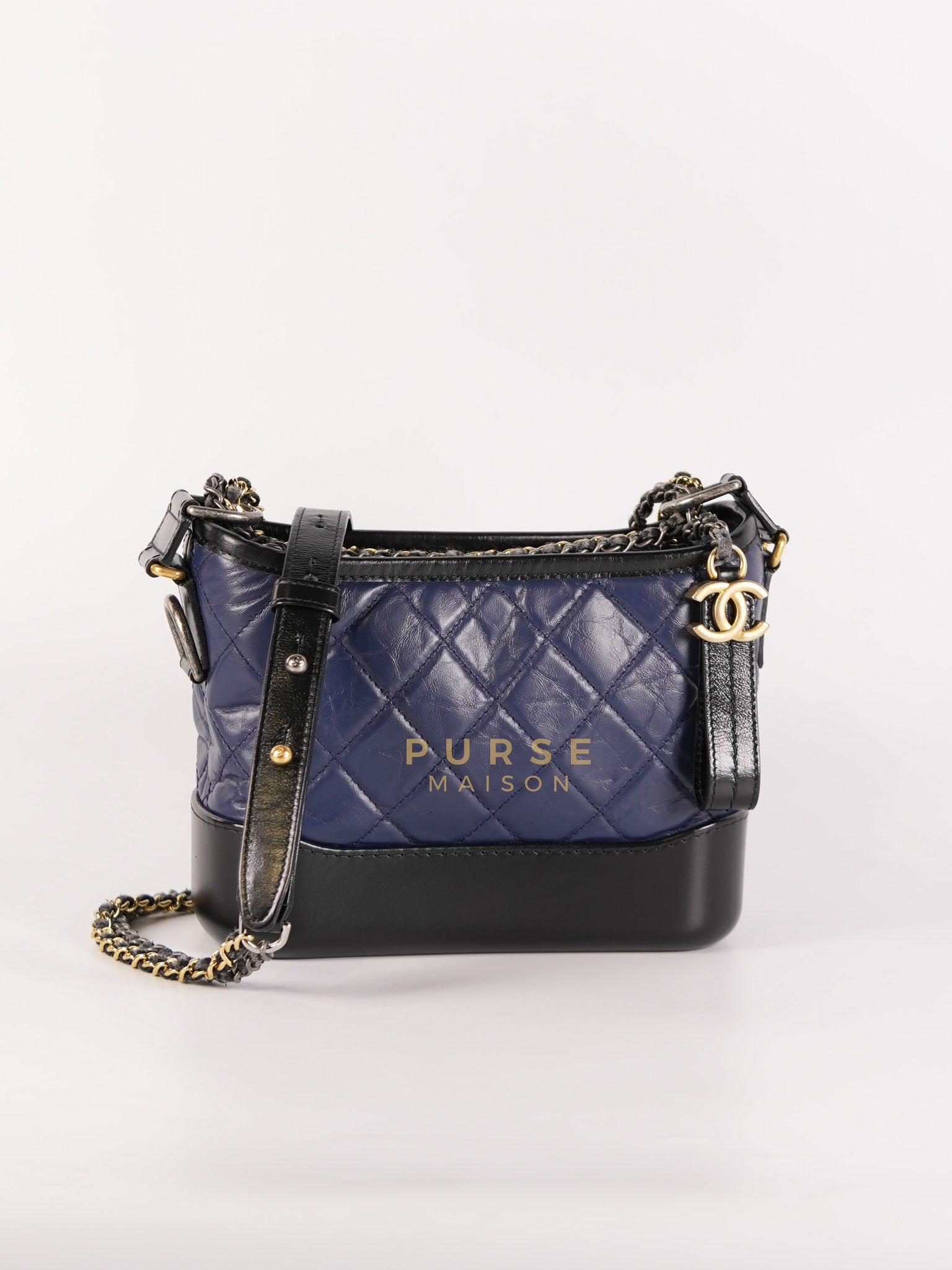 Gabrielle Hobo Bag Mini in Navy Blue Quilted Calfskin Leather & Mix Hardware (Series 24) | Purse Maison Luxury Bags Shop