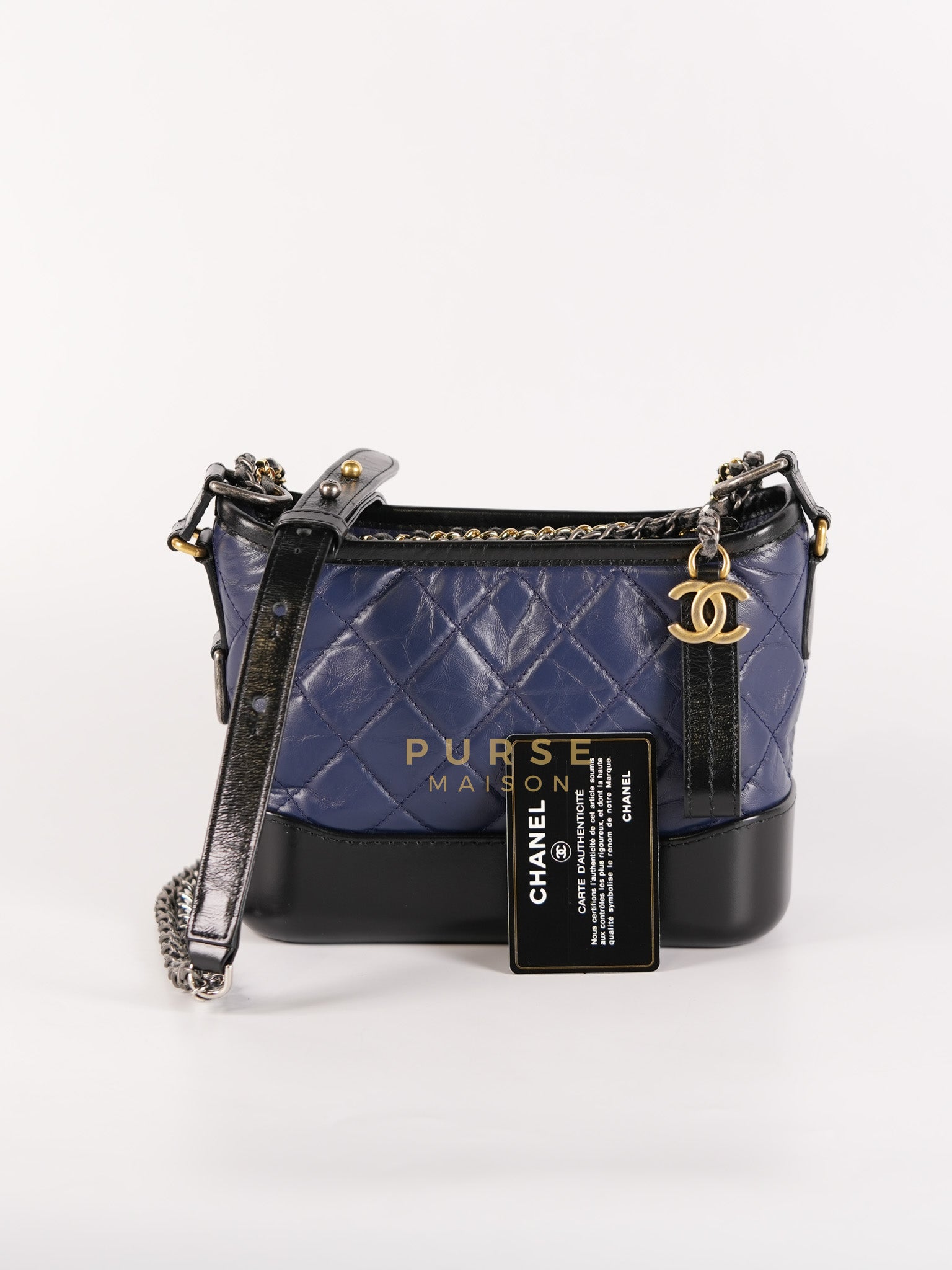 Gabrielle Hobo Bag Mini in Navy Blue Quilted Calfskin Leather & Mix Hardware (Series 24) | Purse Maison Luxury Bags Shop