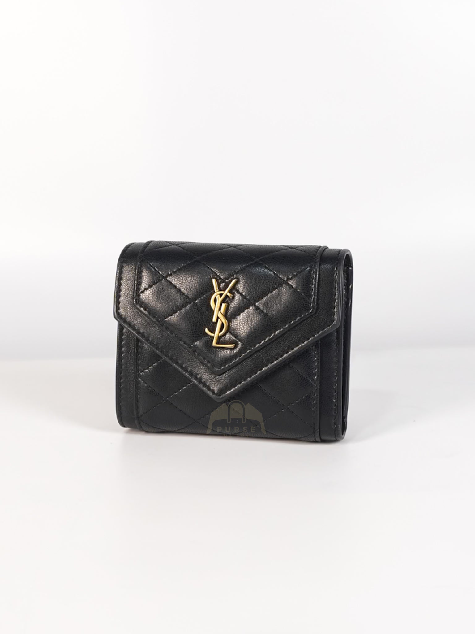 Gaby in Black Lambskin Tri-fold Compact Wallet | Purse Maison Luxury Bags Shop
