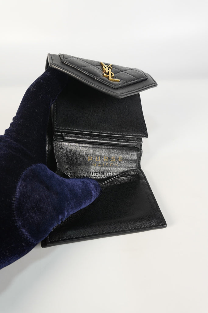 Gaby in Black Lambskin Tri-fold Compact Wallet | Purse Maison Luxury Bags Shop