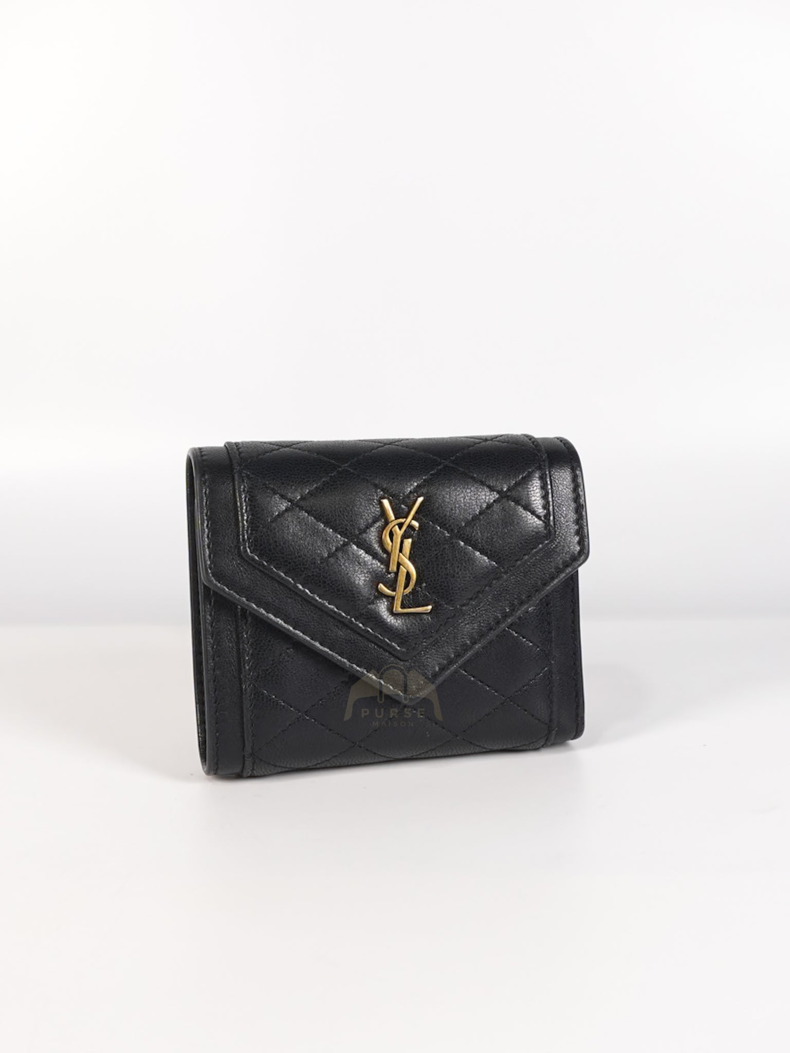 Gaby in Black Lambskin Tri-fold Compact Wallet | Purse Maison Luxury Bags Shop