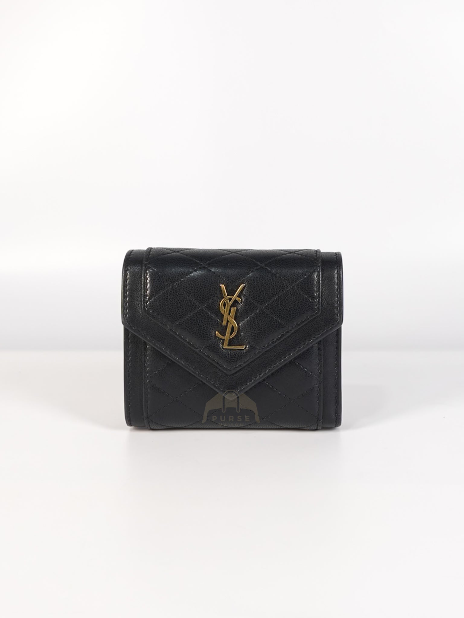 Gaby in Black Lambskin Tri-fold Compact Wallet | Purse Maison Luxury Bags Shop