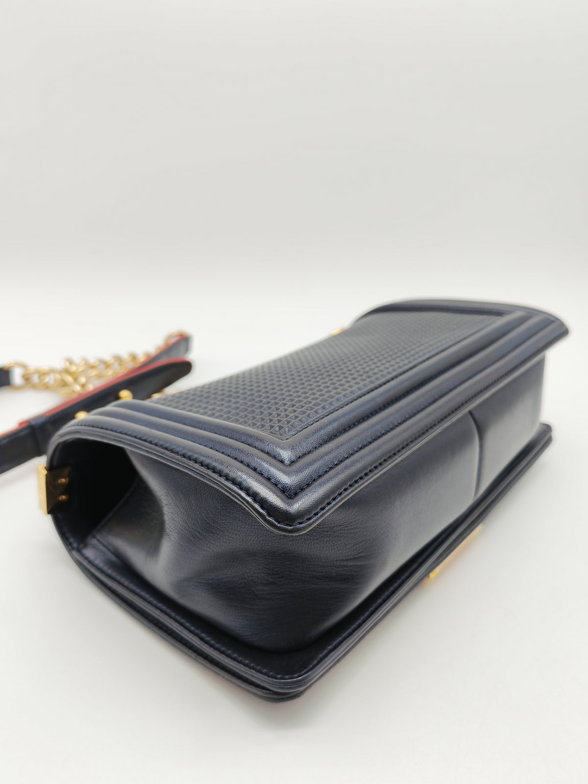 Chanel Boy Medium Limited Edition in Navy Blue Cube Embossed Lambskin Leather and Gold Hardware Series 18