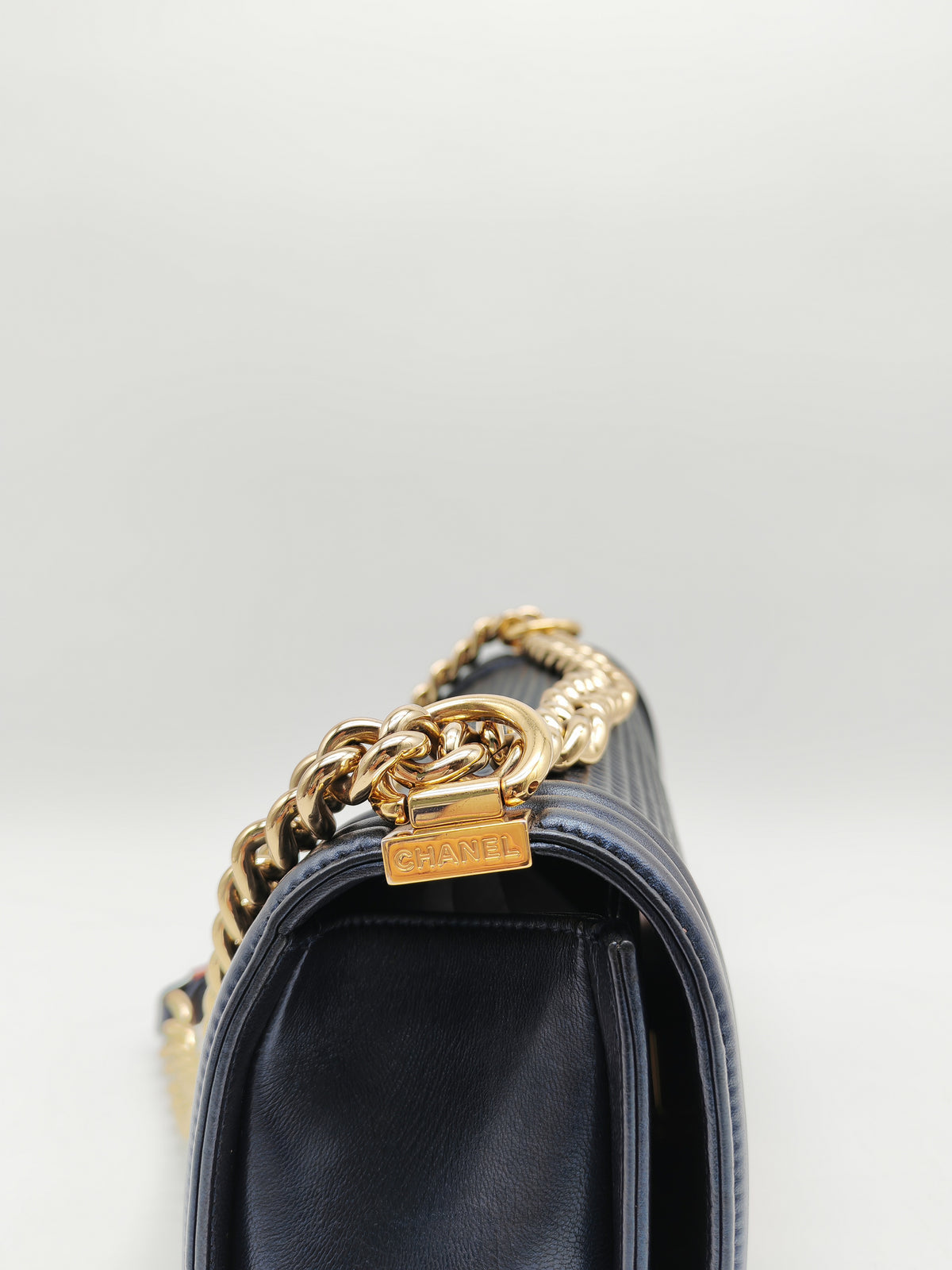 Chanel Boy Medium Limited Edition in Navy Blue Cube Embossed Lambskin Leather and Gold Hardware Series 18