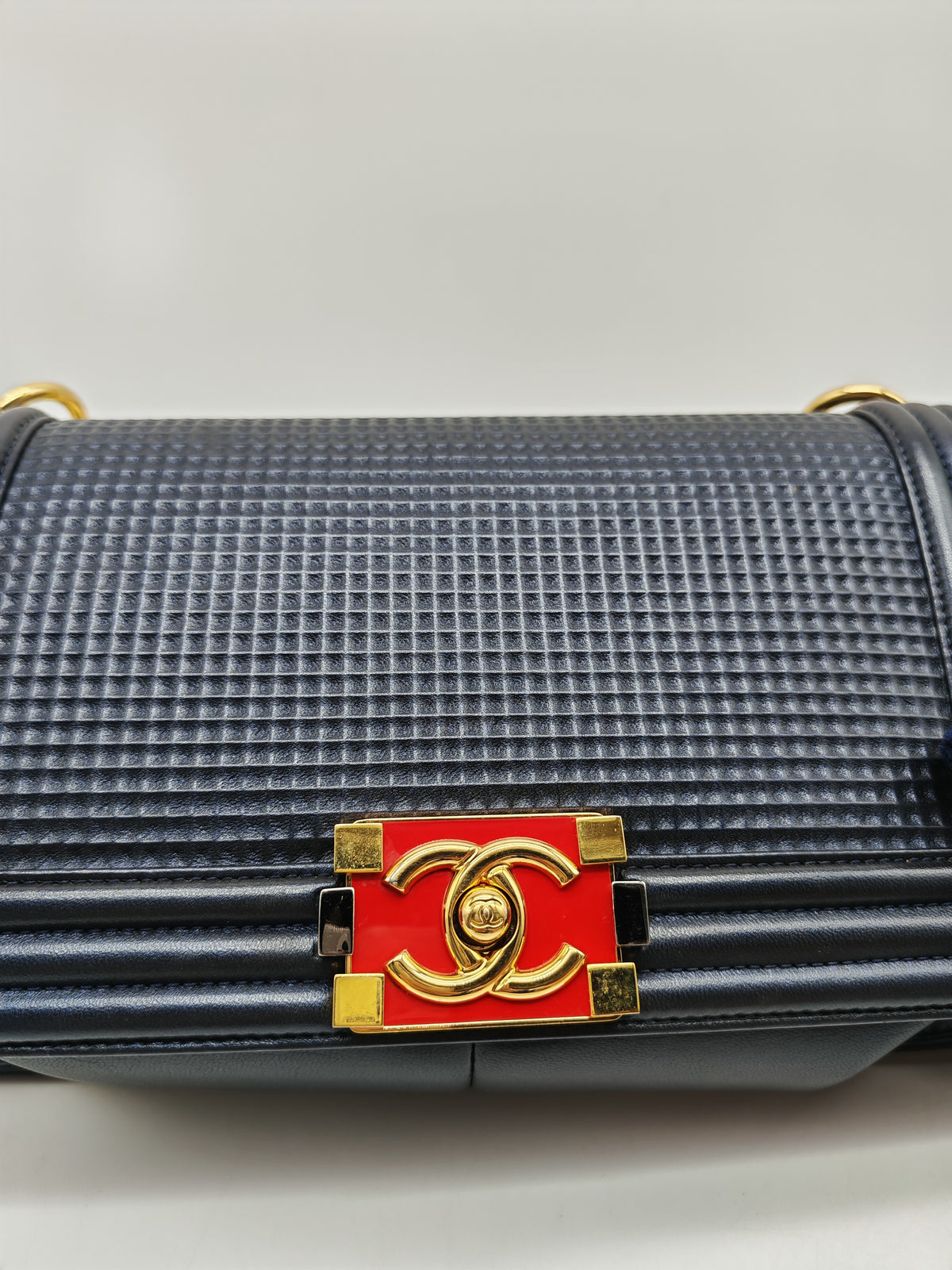 Chanel Boy Medium Limited Edition in Navy Blue Cube Embossed Lambskin Leather and Gold Hardware Series 18