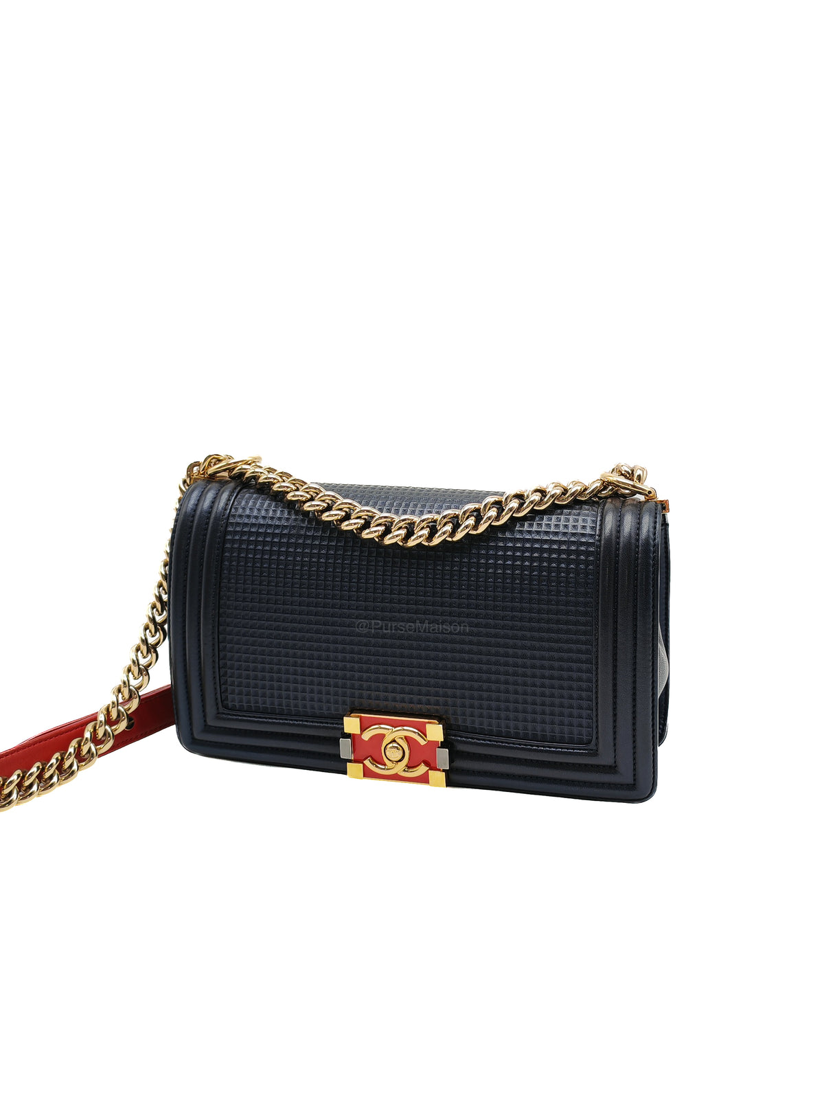 Chanel Boy Medium Limited Edition in Navy Blue Cube Embossed Lambskin Leather and Gold Hardware Series 18