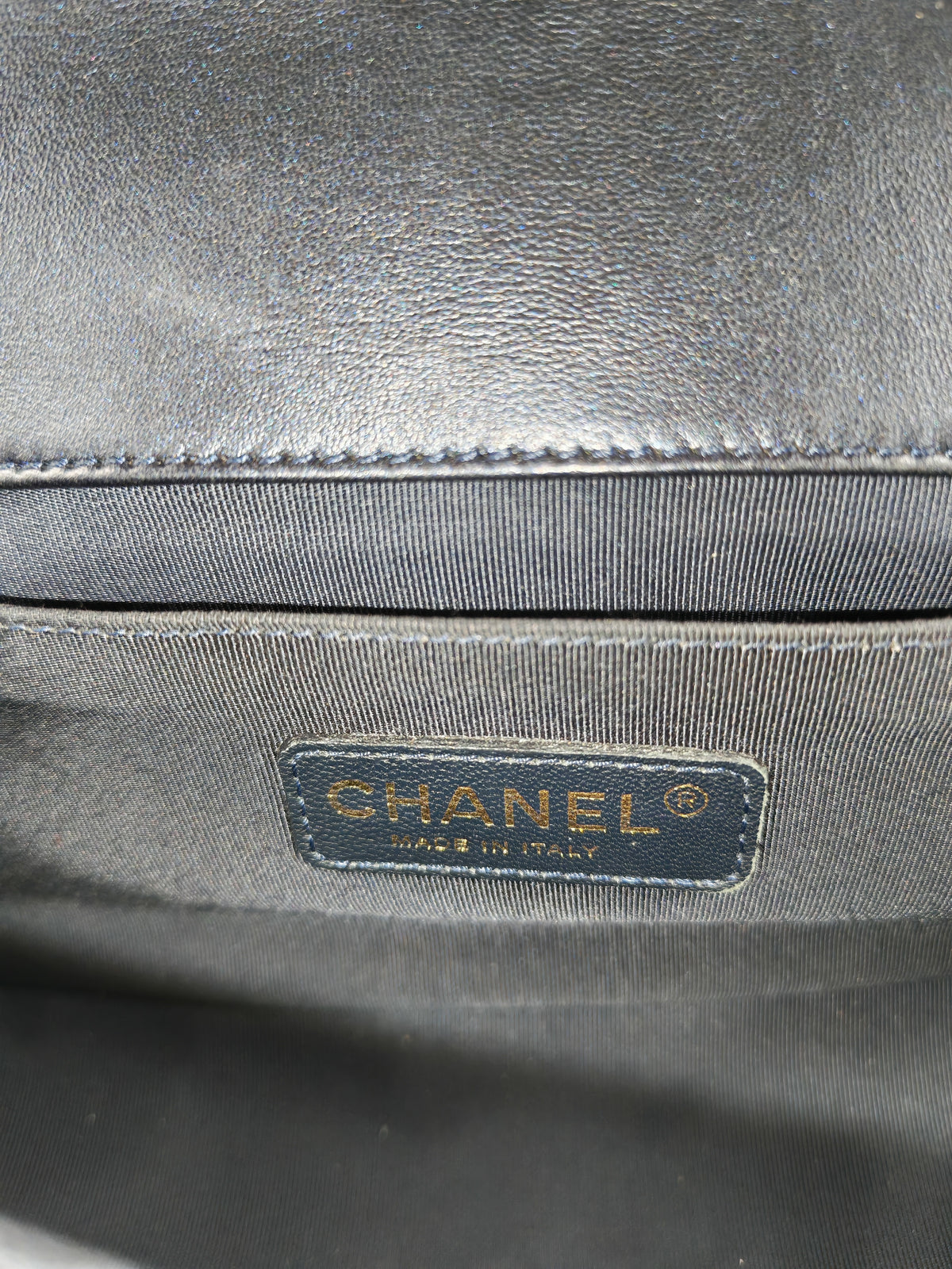 Chanel Boy Medium Limited Edition in Navy Blue Cube Embossed Lambskin Leather and Gold Hardware Series 18