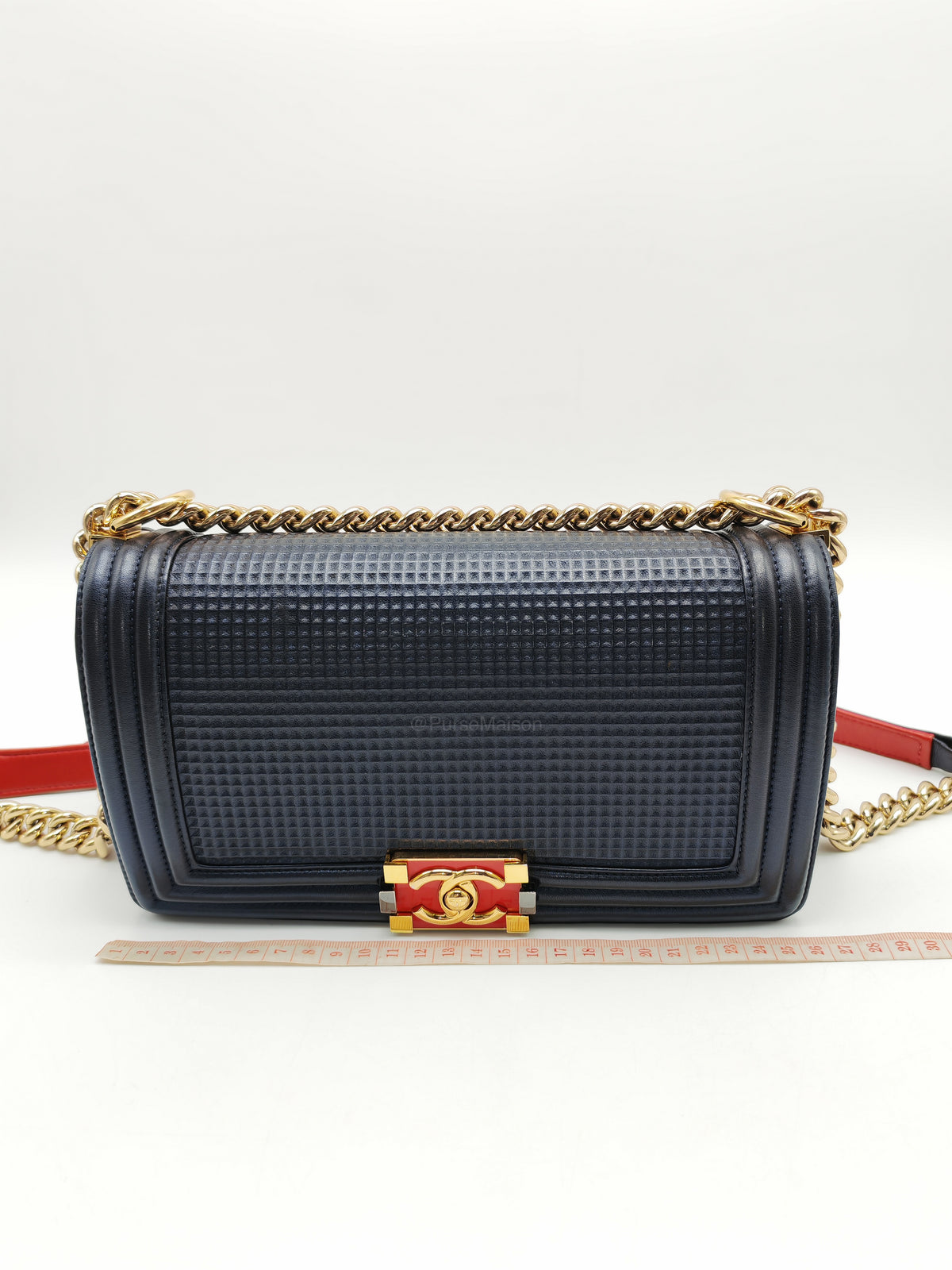 Chanel Boy Medium Limited Edition in Navy Blue Cube Embossed Lambskin Leather and Gold Hardware Series 18