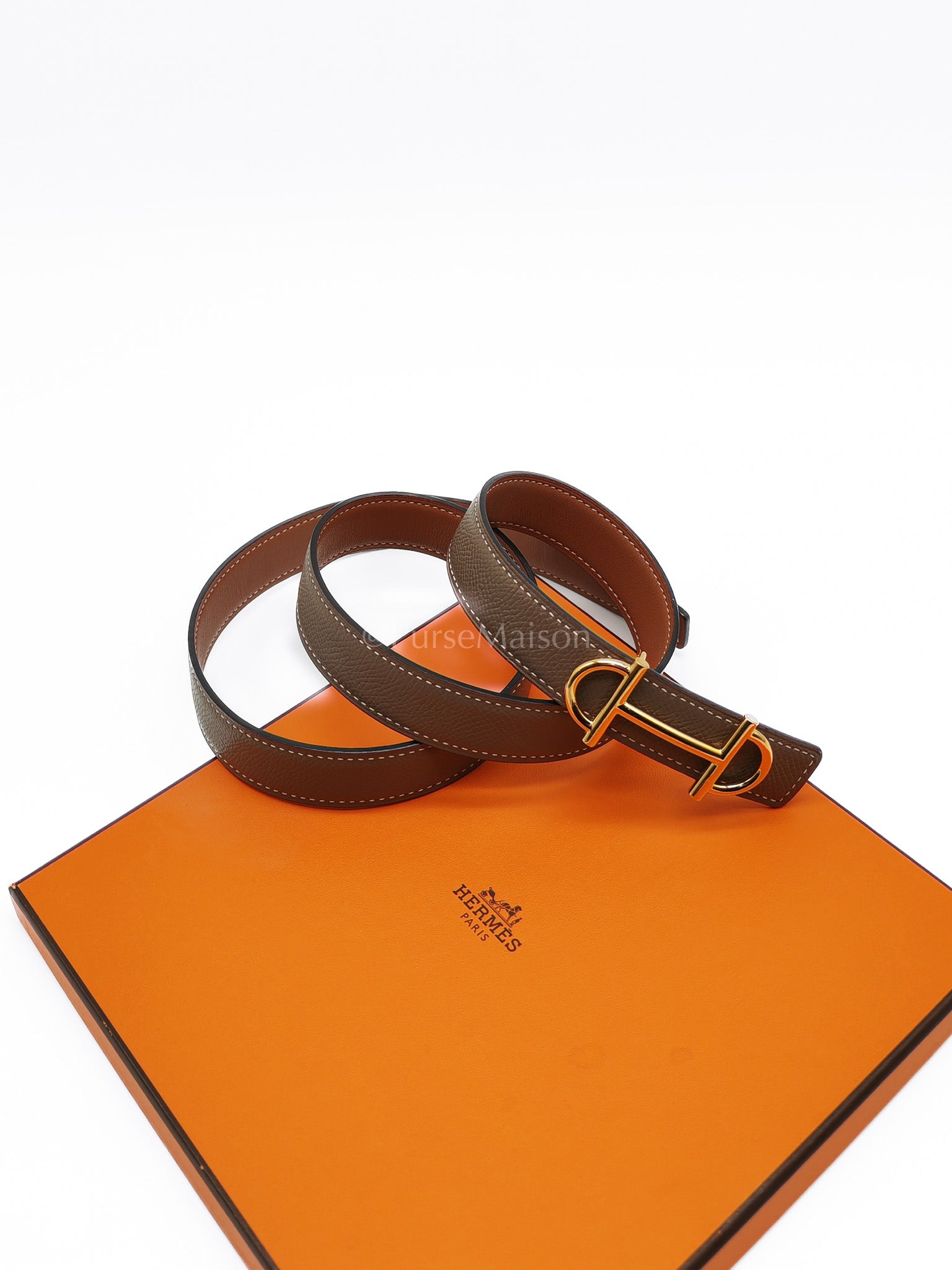 Gamma Reversible Belt Etoupe Epsom & Tan Swift Leather Gold Hardware Size 80cm Stamp U(2022) | Purse Maison Luxury Bags Shop