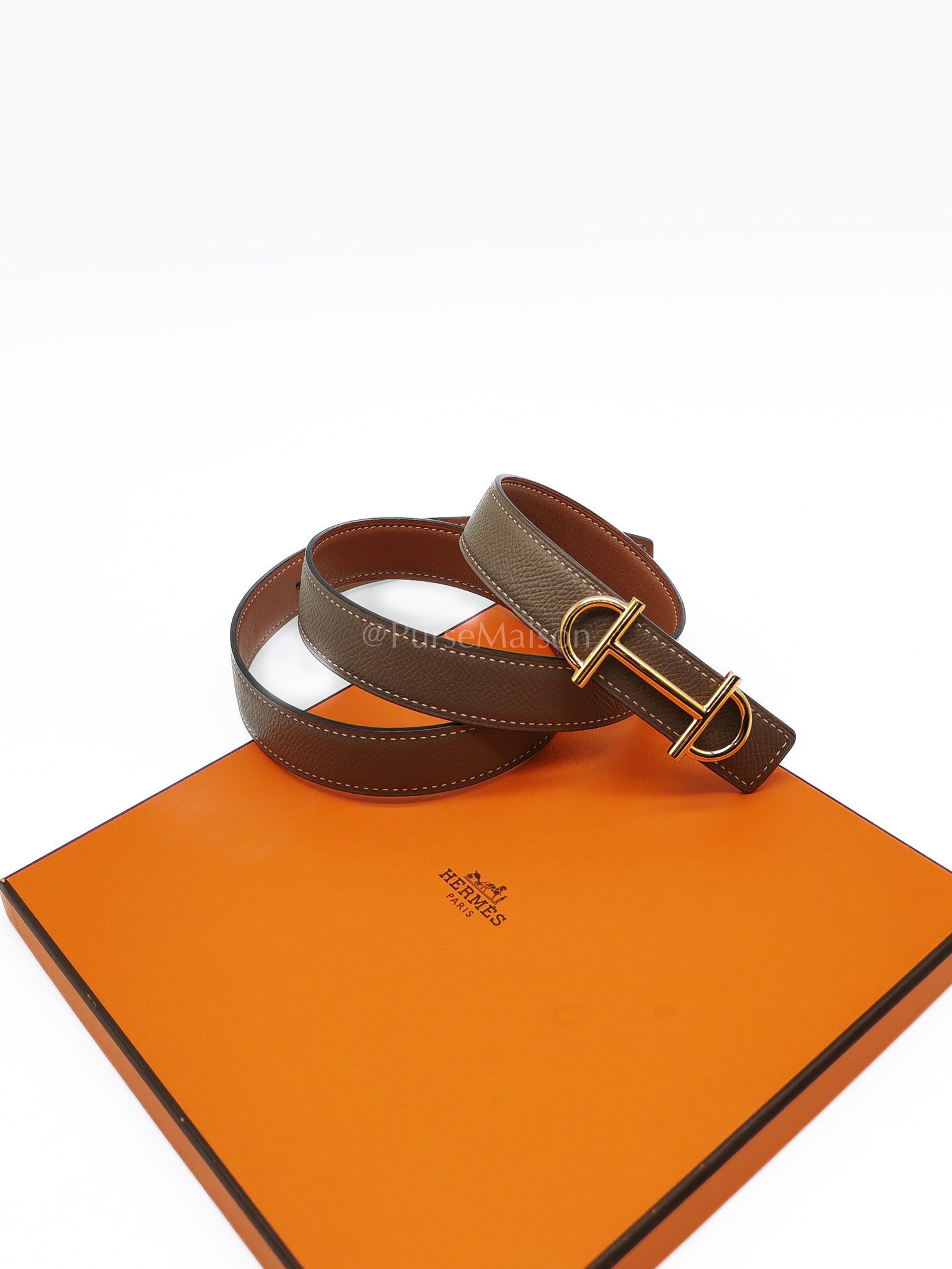 Gamma Reversible Belt Etoupe Epsom & Tan Swift Leather Gold Hardware Size 80cm Stamp U(2022) | Purse Maison Luxury Bags Shop