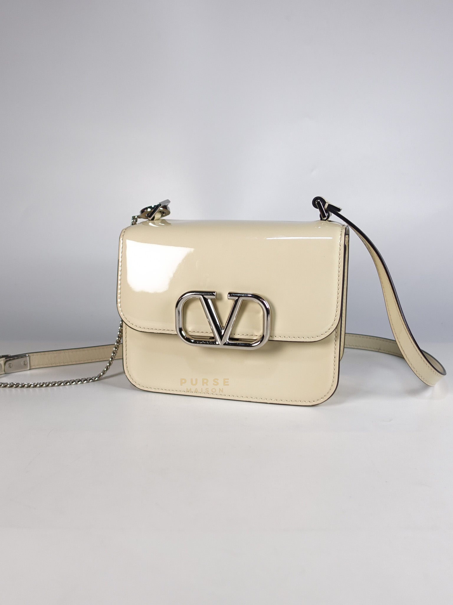 Garavani V-Logo& Almond Beige Patent Small Crossbody Bag | Purse Maison Luxury Bags Shop
