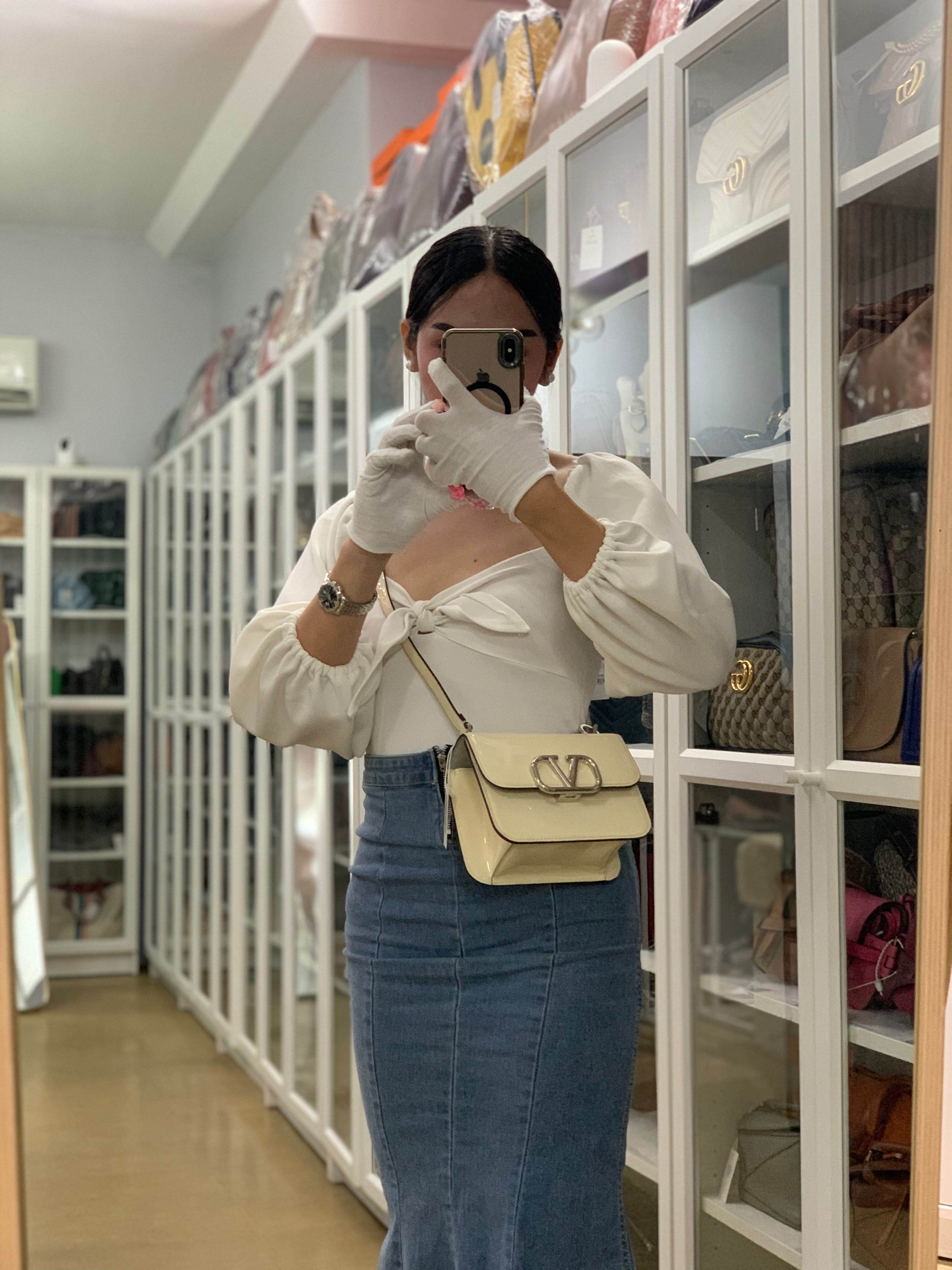 Garavani V-Logo& Almond Beige Patent Small Crossbody Bag | Purse Maison Luxury Bags Shop