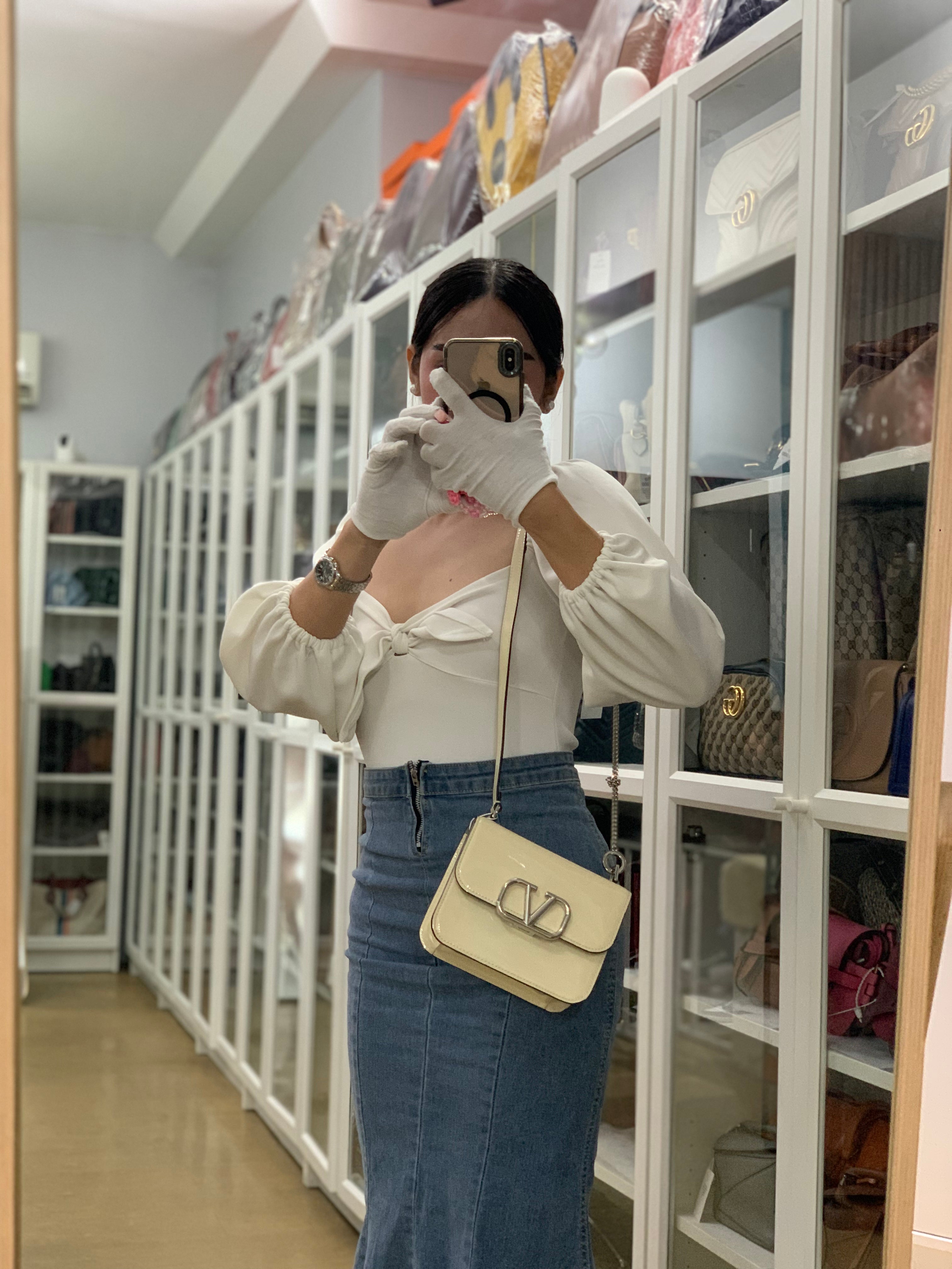 Garavani V-Logo& Almond Beige Patent Small Crossbody Bag | Purse Maison Luxury Bags Shop