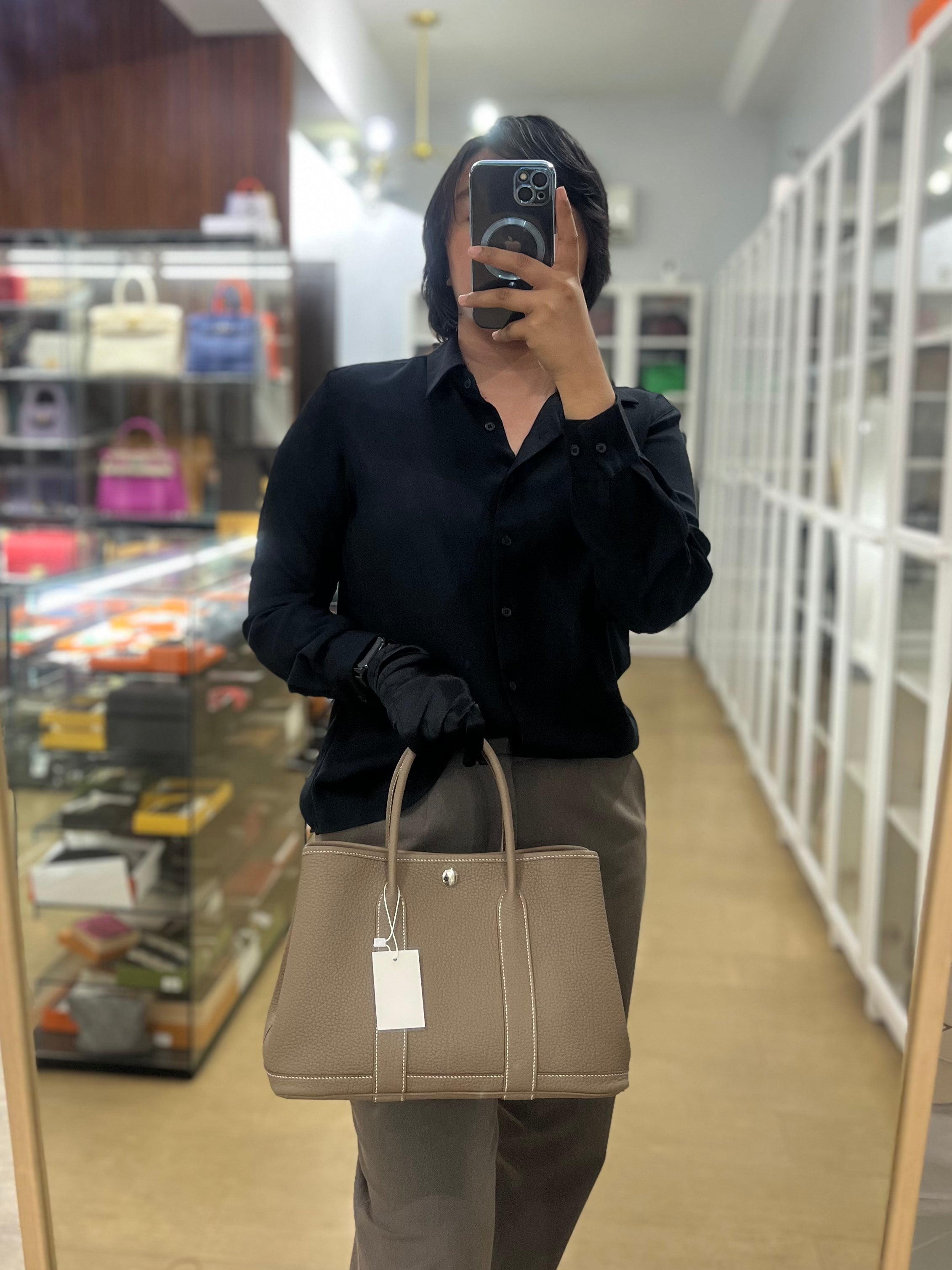 Garden Party Tote 30 (GPT) Etoupe Negonda Leather in Palladium Hardware Stamp Square R (2014) | Purse Maison Luxury Bags Shop