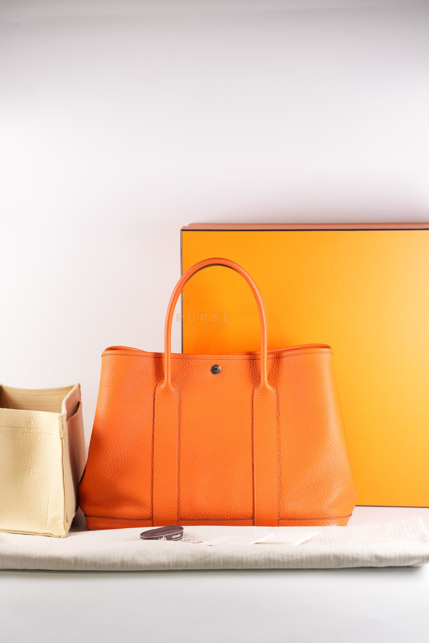 Garden Party Tote 36 (GPT) in Orange Clemence Leather and Palladium Hardware Stamp Square R | Purse Maison Luxury Bags Shop