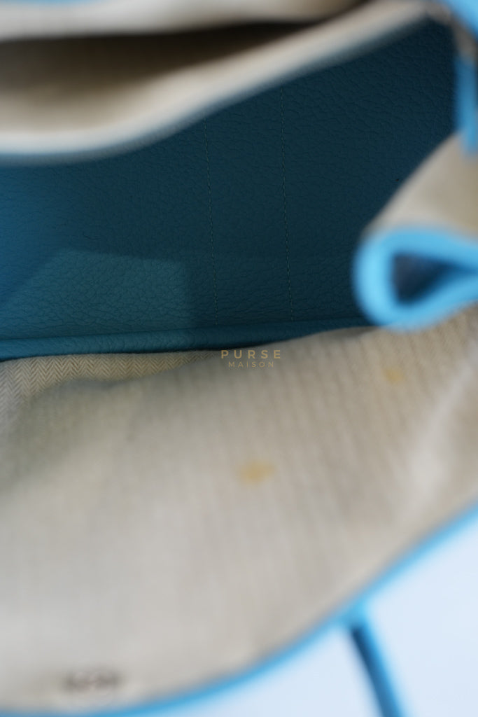 Garden Party Tote 36 (GPT) in Turqoise Clemence Leather and Palladium Hardware Stamp Square R (2014) | Purse Maison Luxury Bags Shop