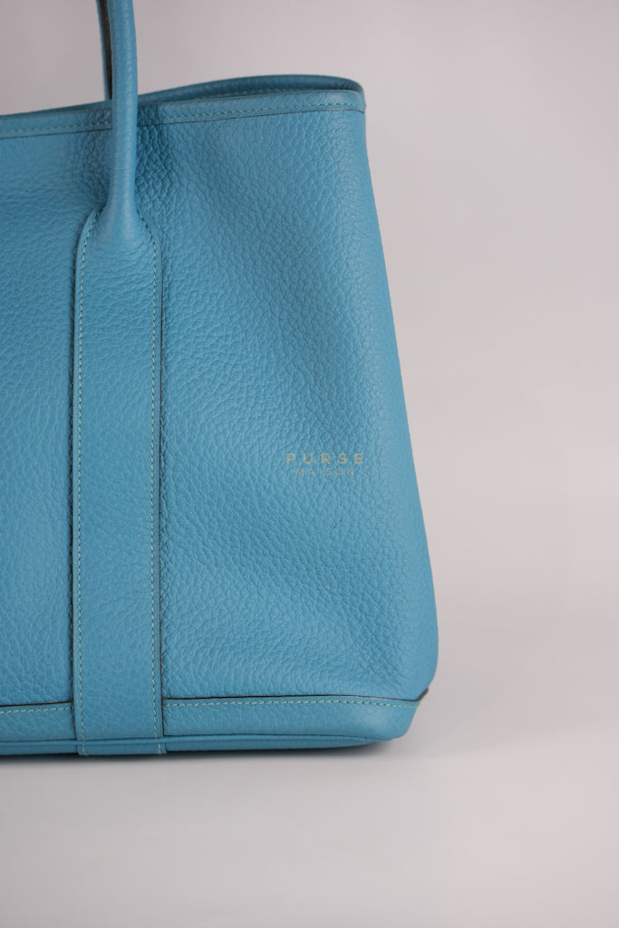 Garden Party Tote 36 (GPT) in Turqoise Clemence Leather and Palladium Hardware Stamp Square R (2014) | Purse Maison Luxury Bags Shop