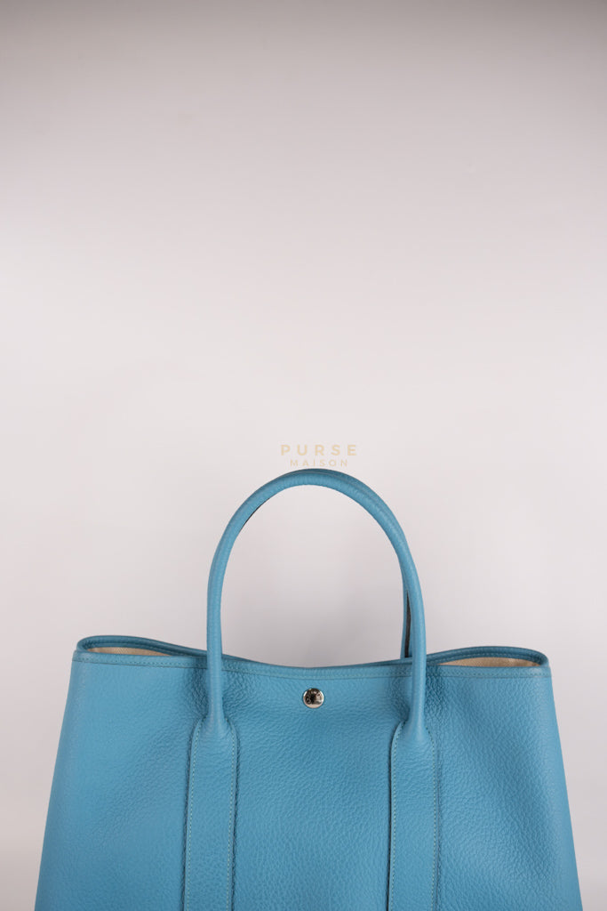 Garden Party Tote 36 (GPT) in Turqoise Clemence Leather and Palladium Hardware Stamp Square R (2014) | Purse Maison Luxury Bags Shop