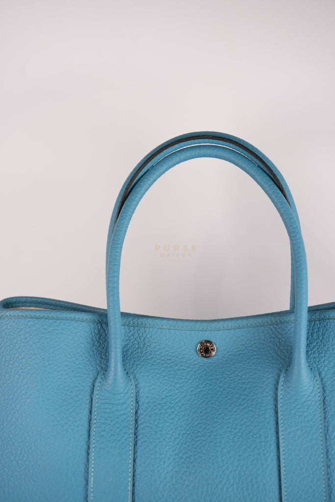 Garden Party Tote 36 (GPT) in Turqoise Clemence Leather and Palladium Hardware Stamp Square R (2014) | Purse Maison Luxury Bags Shop