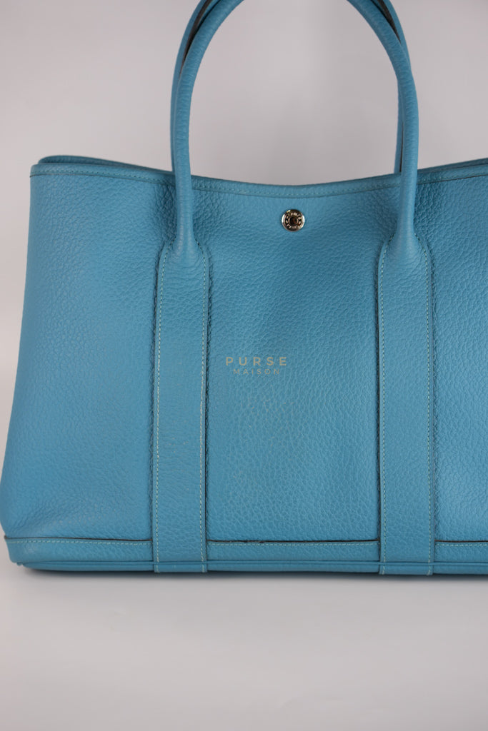 Garden Party Tote 36 (GPT) in Turqoise Clemence Leather and Palladium Hardware Stamp Square R (2014) | Purse Maison Luxury Bags Shop