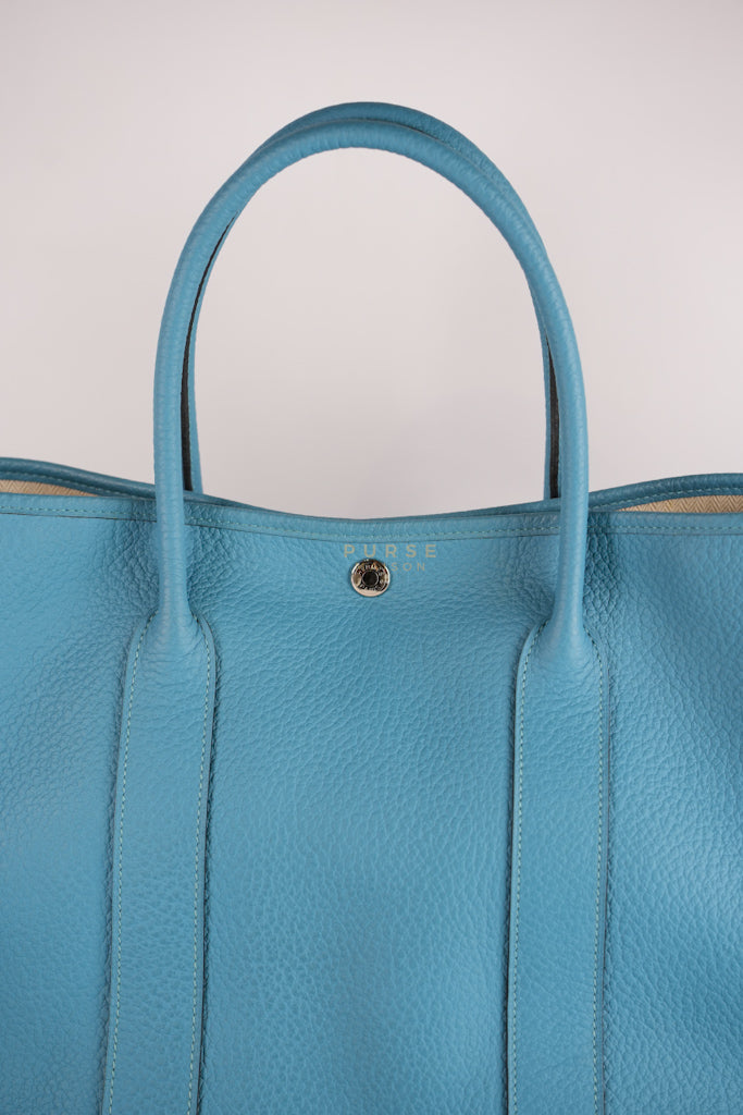 Garden Party Tote 36 (GPT) in Turqoise Clemence Leather and Palladium Hardware Stamp Square R (2014) | Purse Maison Luxury Bags Shop