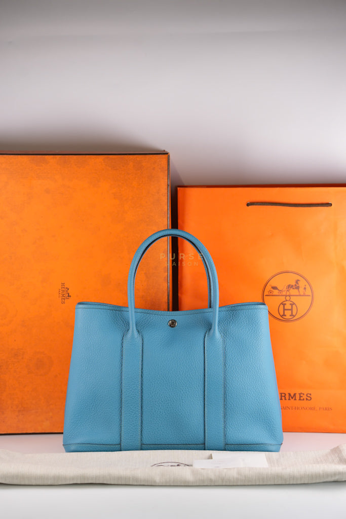 Garden Party Tote 36 (GPT) in Turqoise Clemence Leather and Palladium Hardware Stamp Square R (2014) | Purse Maison Luxury Bags Shop