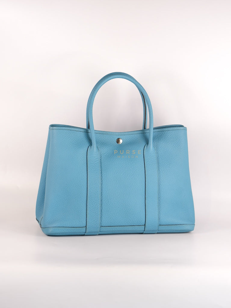 Garden Party Tote 36 (GPT) in Turqoise Clemence Leather and Palladium Hardware Stamp Square R (2014) | Purse Maison Luxury Bags Shop