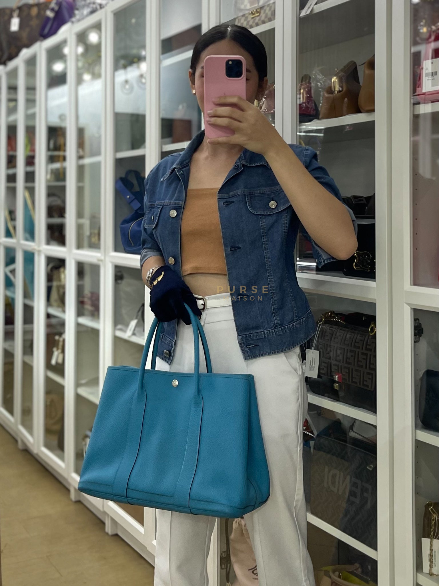 Garden Party Tote 36 (GPT) in Turqoise Clemence Leather and Palladium Hardware Stamp Square R (2014) | Purse Maison Luxury Bags Shop