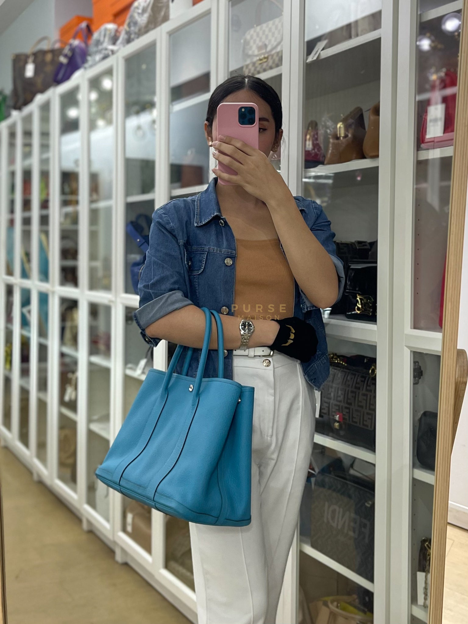 Garden Party Tote 36 (GPT) in Turqoise Clemence Leather and Palladium Hardware Stamp Square R (2014) | Purse Maison Luxury Bags Shop