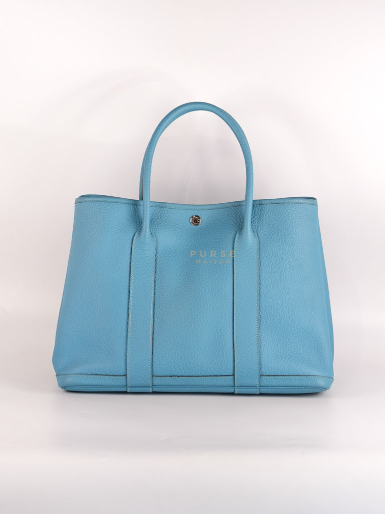 Garden Party Tote 36 (GPT) in Turqoise Clemence Leather and Palladium Hardware Stamp Square R (2014) | Purse Maison Luxury Bags Shop