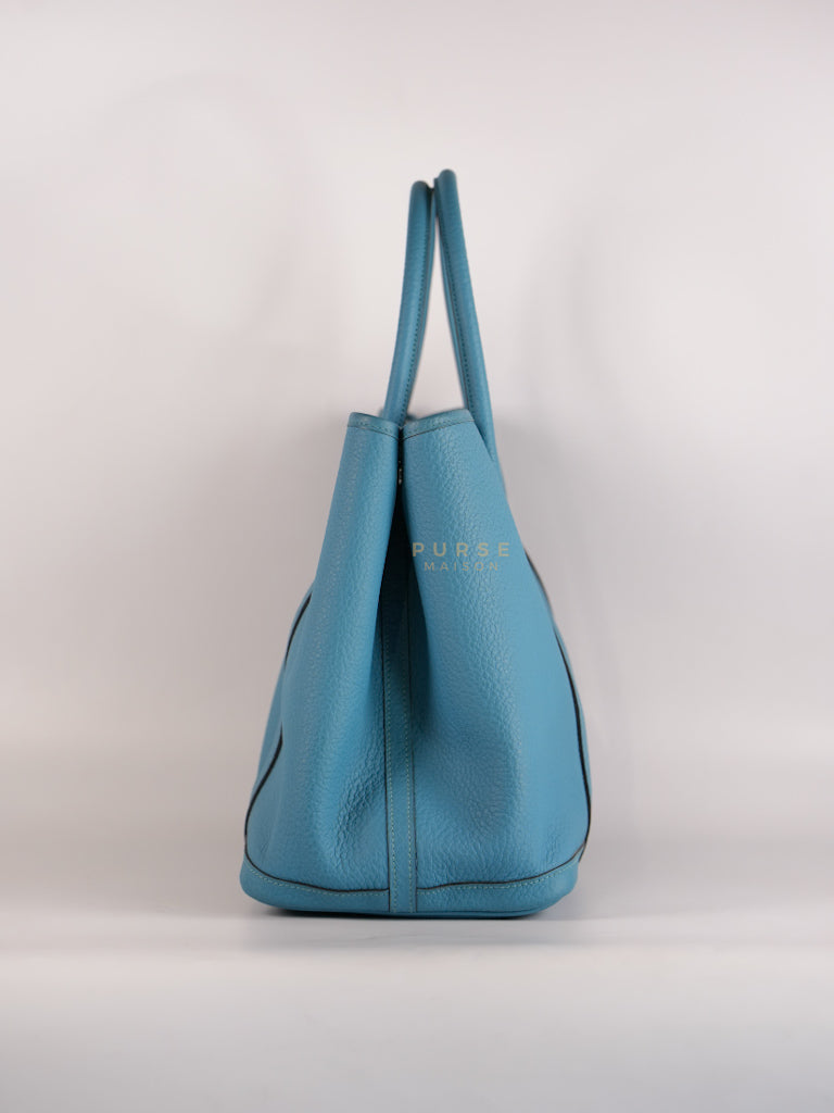 Garden Party Tote 36 (GPT) in Turqoise Clemence Leather and Palladium Hardware Stamp Square R (2014) | Purse Maison Luxury Bags Shop