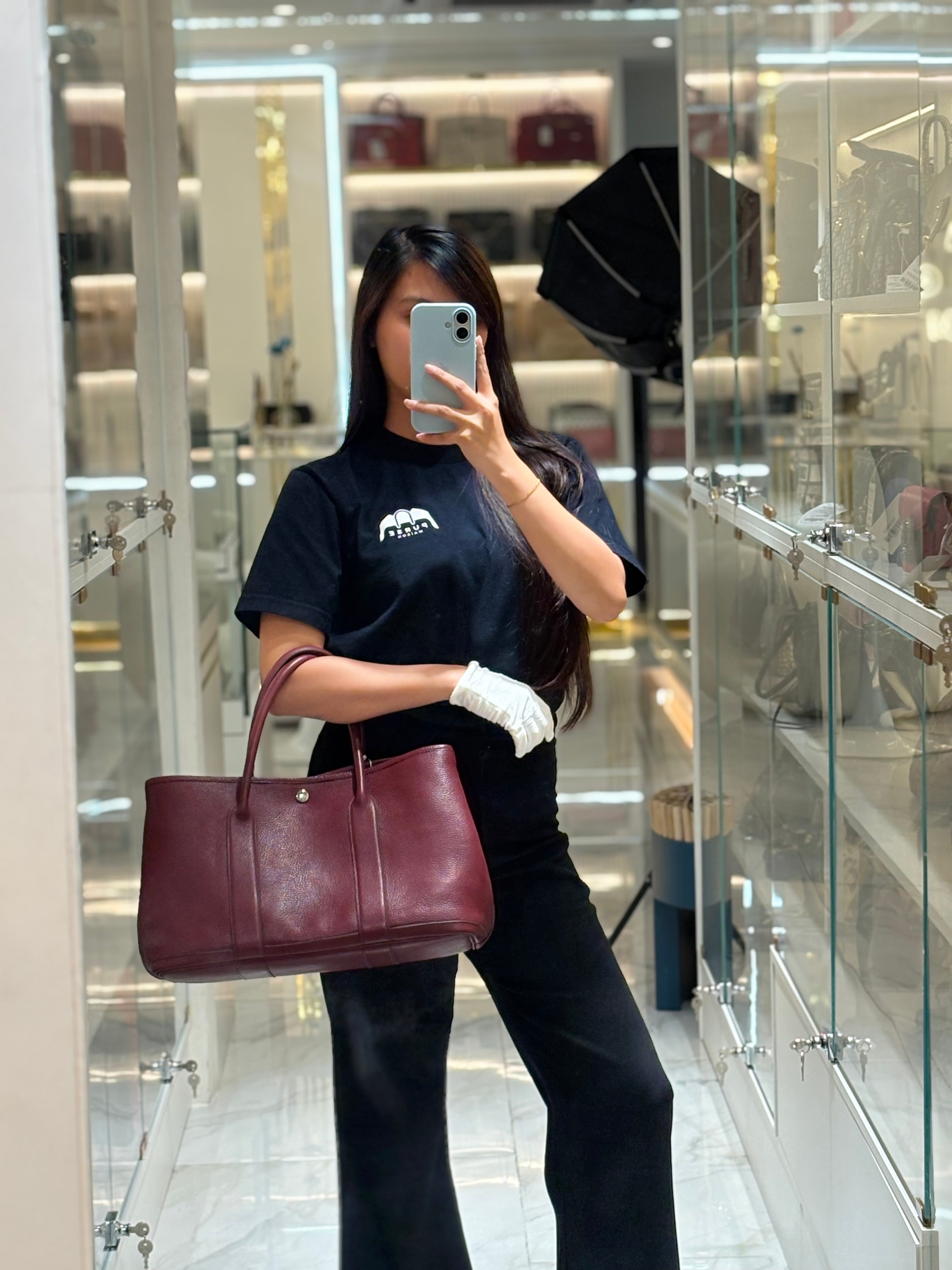 Garden Party Tote Bag 36 (GPT) in Rouge Grenat Clemence Leather & Palladium Hardware Stamp Square D (2000) | Purse Maison Luxury Bags Shop