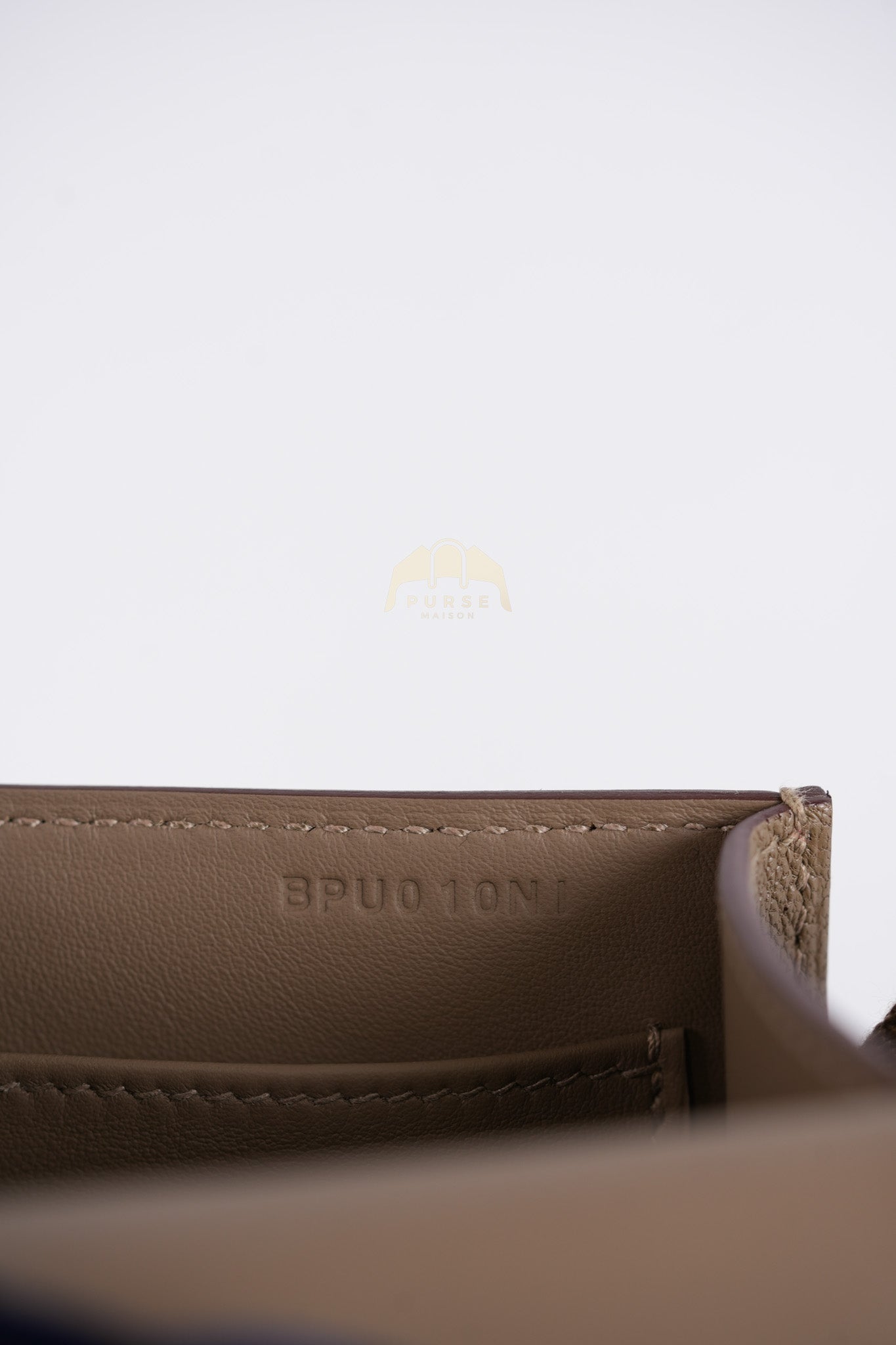 Geta Bag in Etoupe Chevre Mysore Leather & Gold Hardware Stamp B (2023) | Purse Maison Luxury Bags Shop