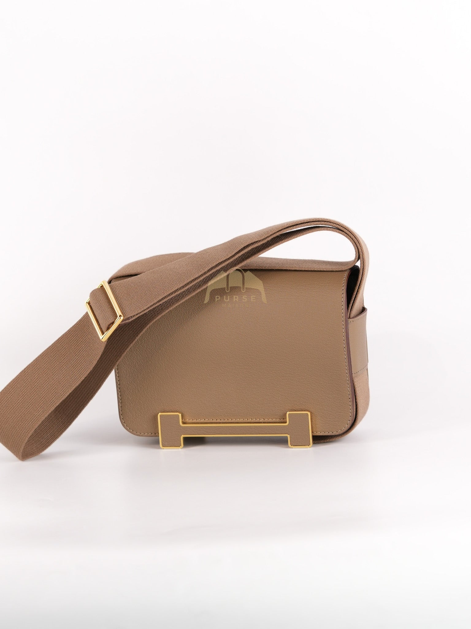 Geta Bag in Etoupe Chevre Mysore Leather & Gold Hardware Stamp B (2023) | Purse Maison Luxury Bags Shop